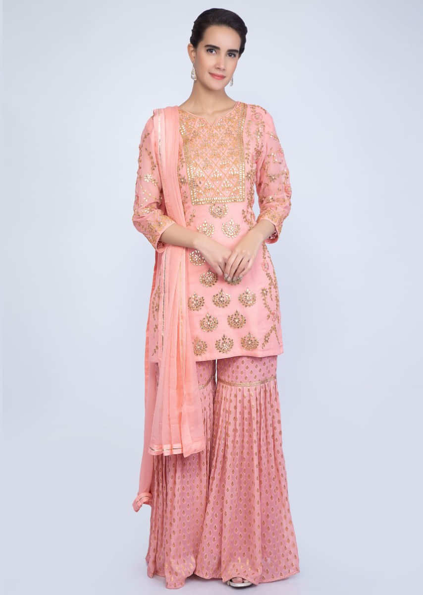 Salmon Pink Suit With Gotta Patch Embroidery And Pink Weaved Sharara Online - Kalki Fashion