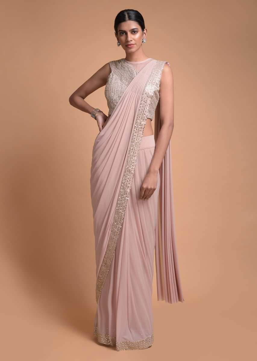 Salmon Pink Ready Pleated Saree In Soft Net With Mirror Embroidered Border Online - Kalki Fashion