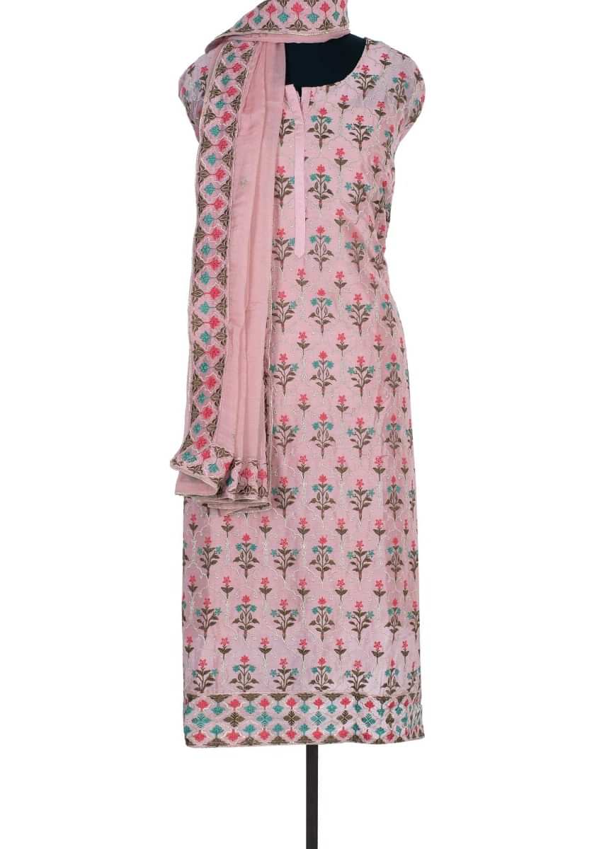 Salmon pink semi stitched cotton suit in multi color floral resham embroidery only on Kalki