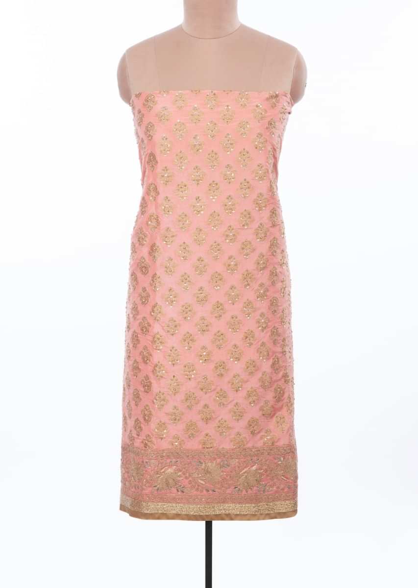 Salmon pink unstitched brocade silk suit set with embroidered highlight only on Kalki