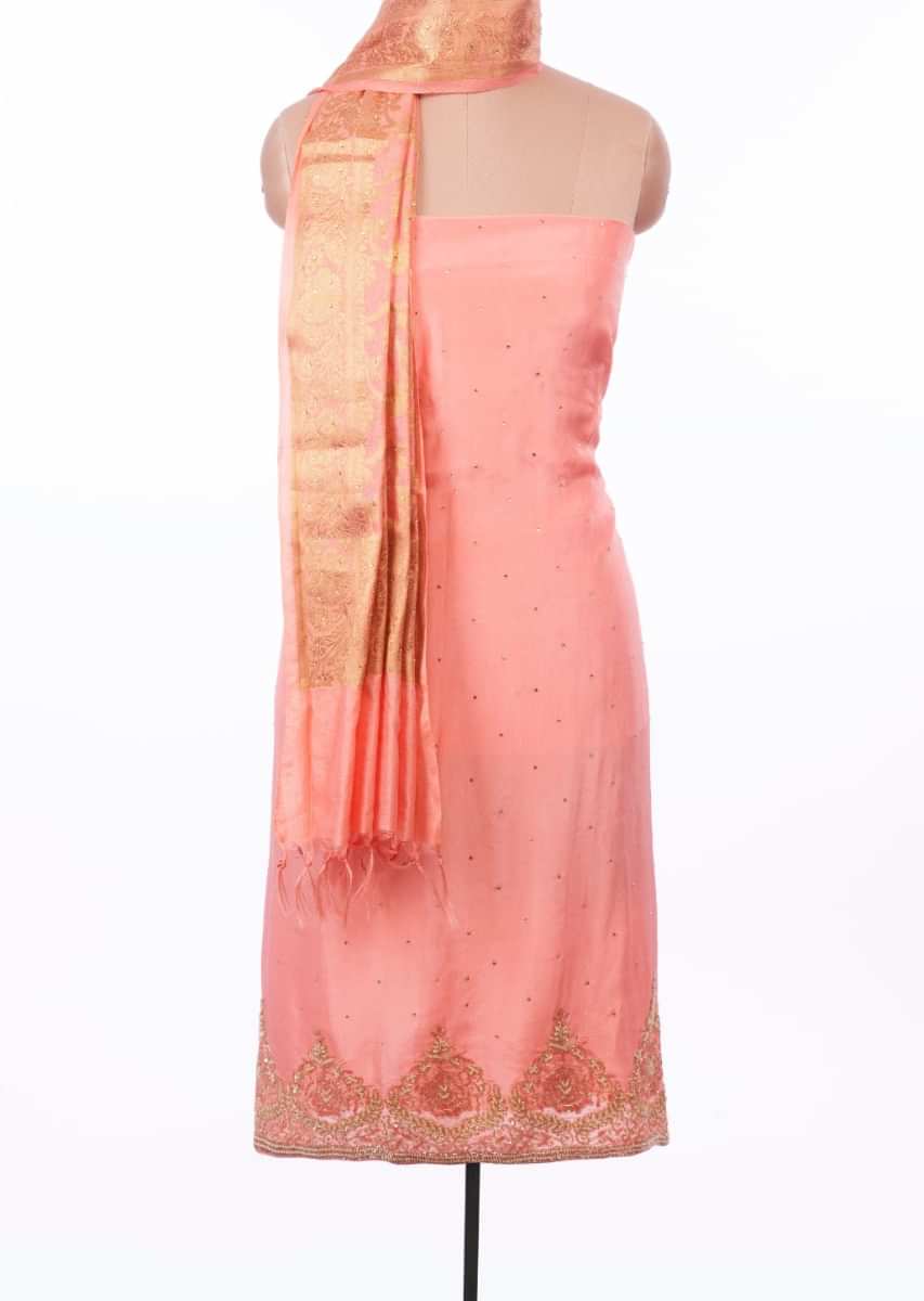 Salmon Pink Unstitched Suit Set With Embroidery Work And Matching Brocade Dupatta Online - Kalki Fashion