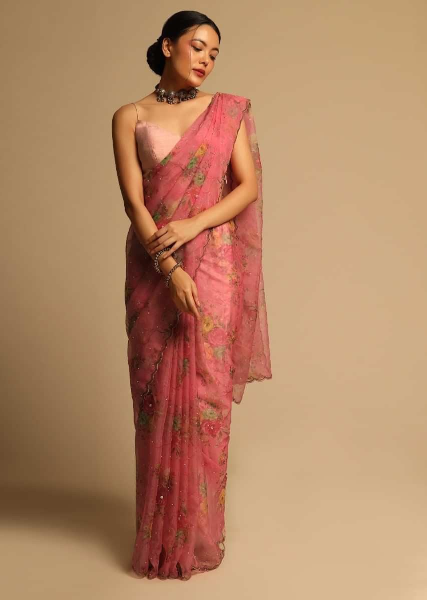 Salmon Red Saree In Organza With Floral Print All Over And Scalloped Resham Border Along With Unstitched Blouse