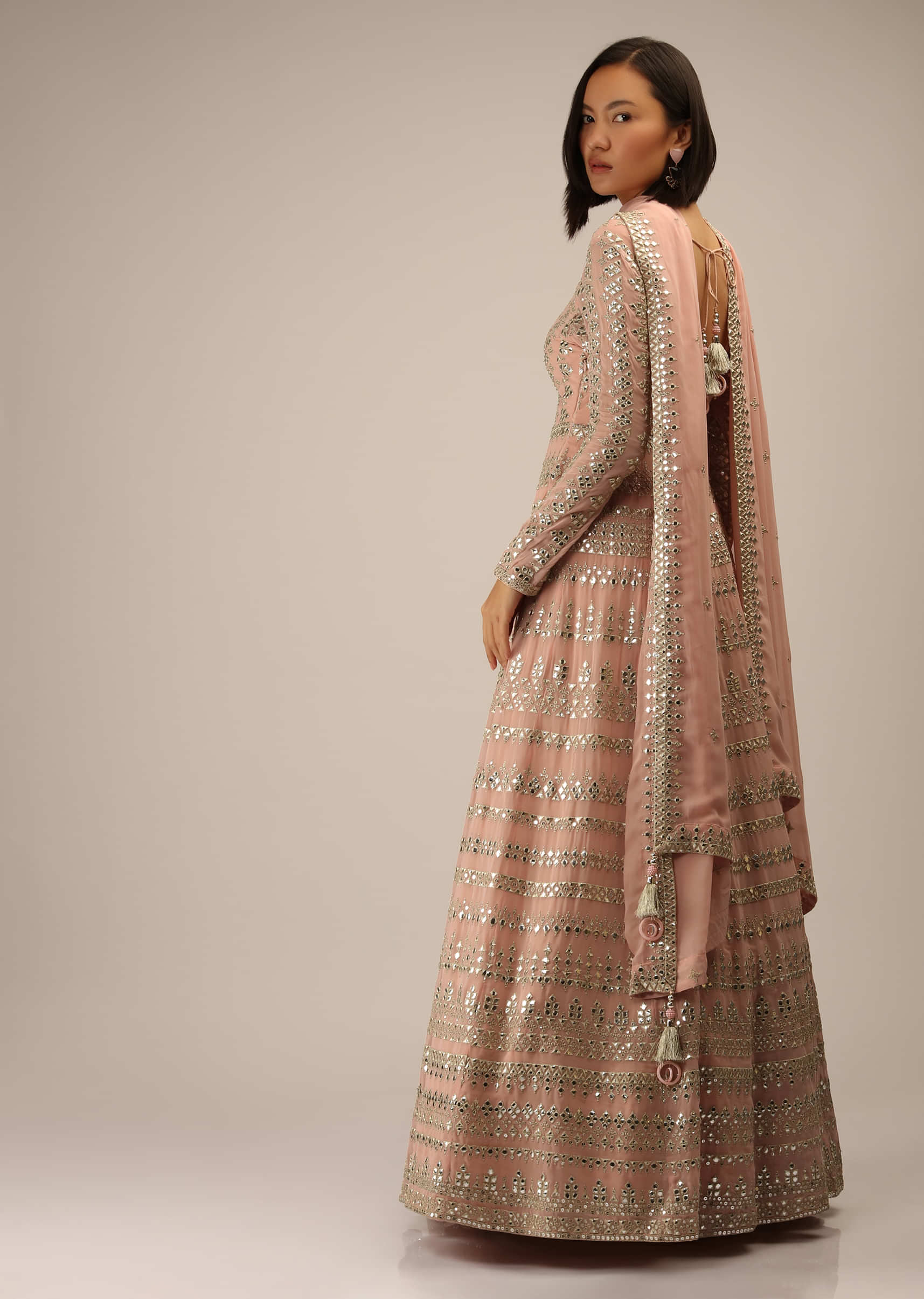 Salmon Pink Anarkali Suit In Georgette With Abla And Zari Embroidered Geometric Design And Churidar Sleeves