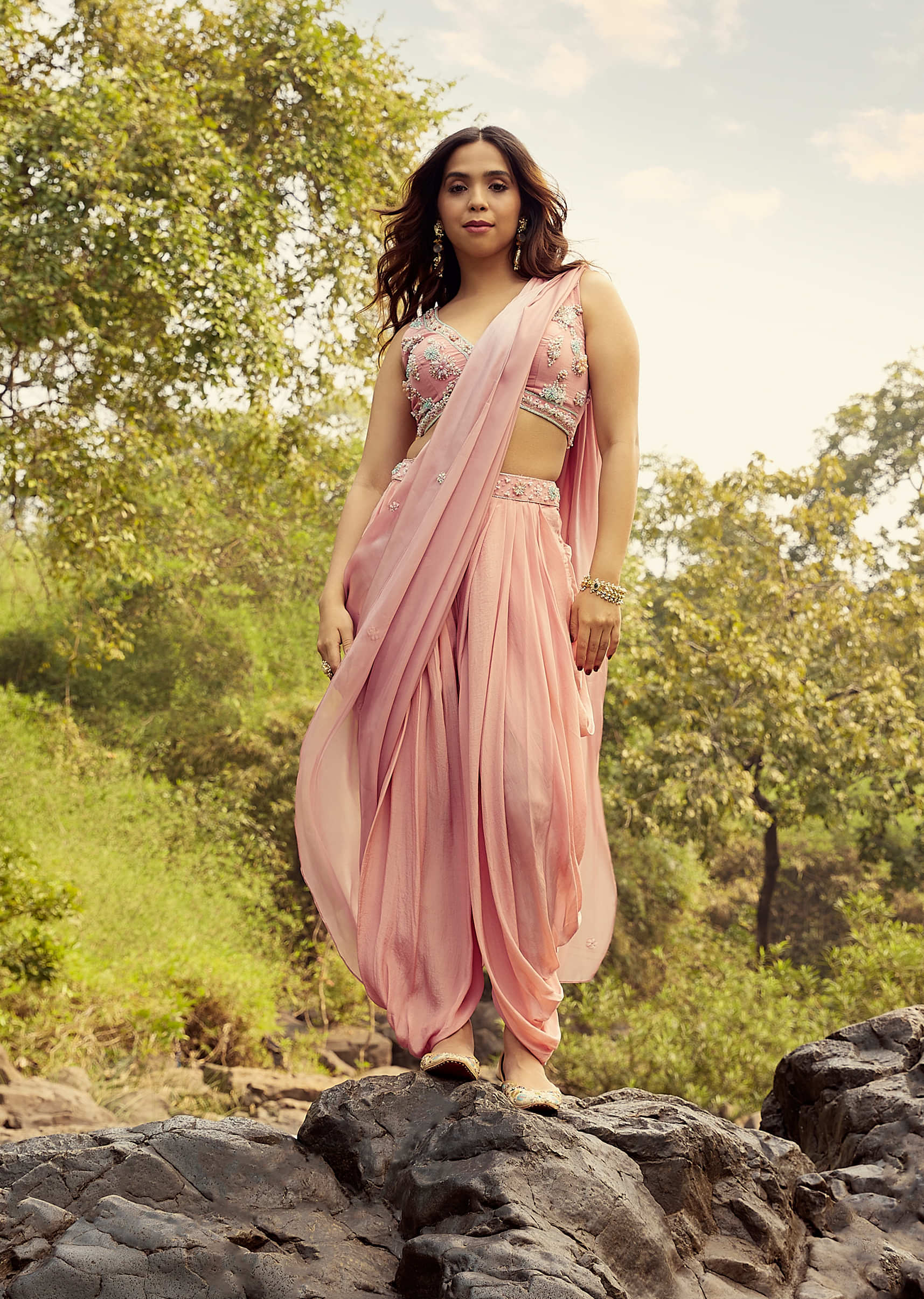 Salmon Pink Dhoti And Crop Top Suit With Multi Colored Beads Embroidery And Detachable Drape
