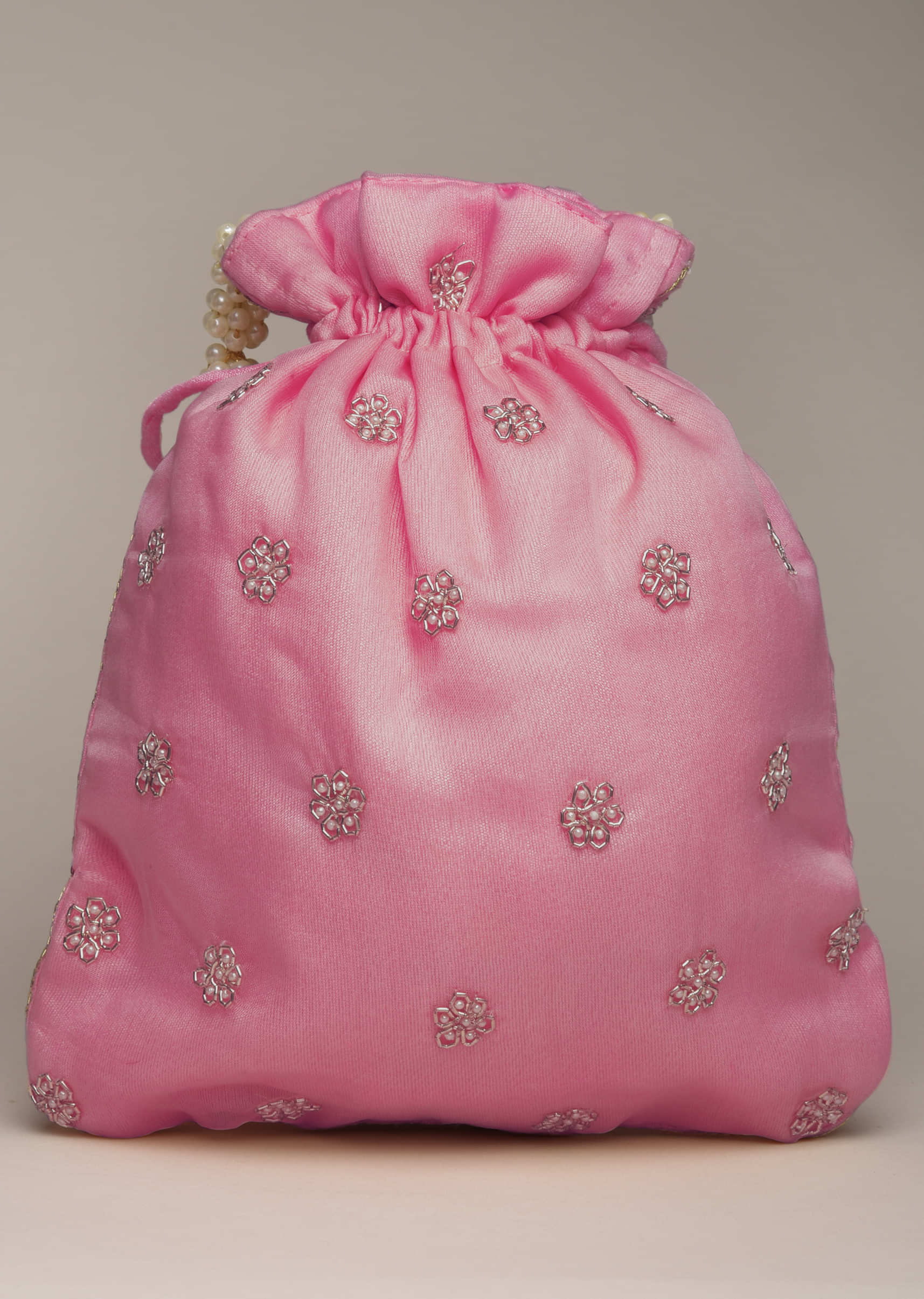 Salmon Pink Potli Bag In Raw Silk With Satin Moti Embroidery In Rose Motif And Floral Design