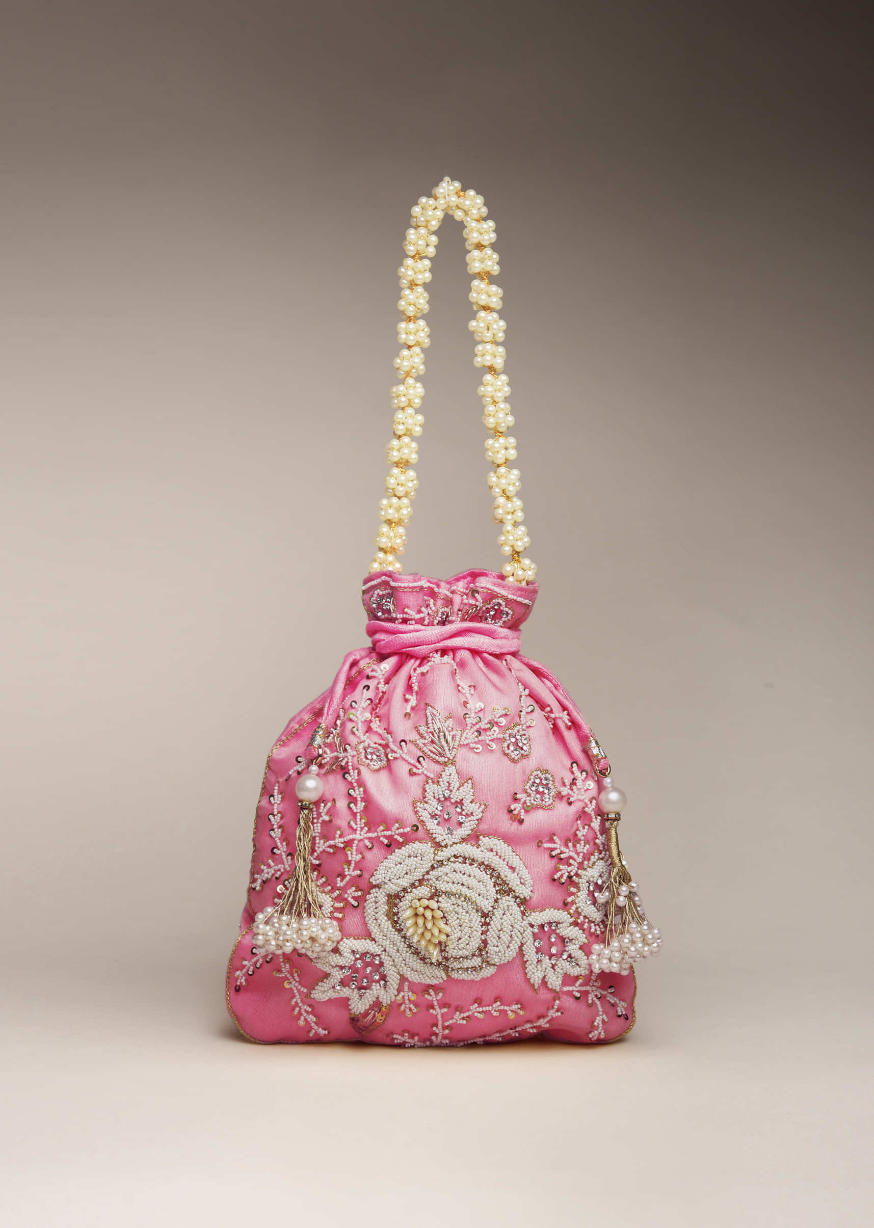 Salmon Pink Potli Bag In Raw Silk With Satin Moti Embroidery In Rose Motif And Floral Design