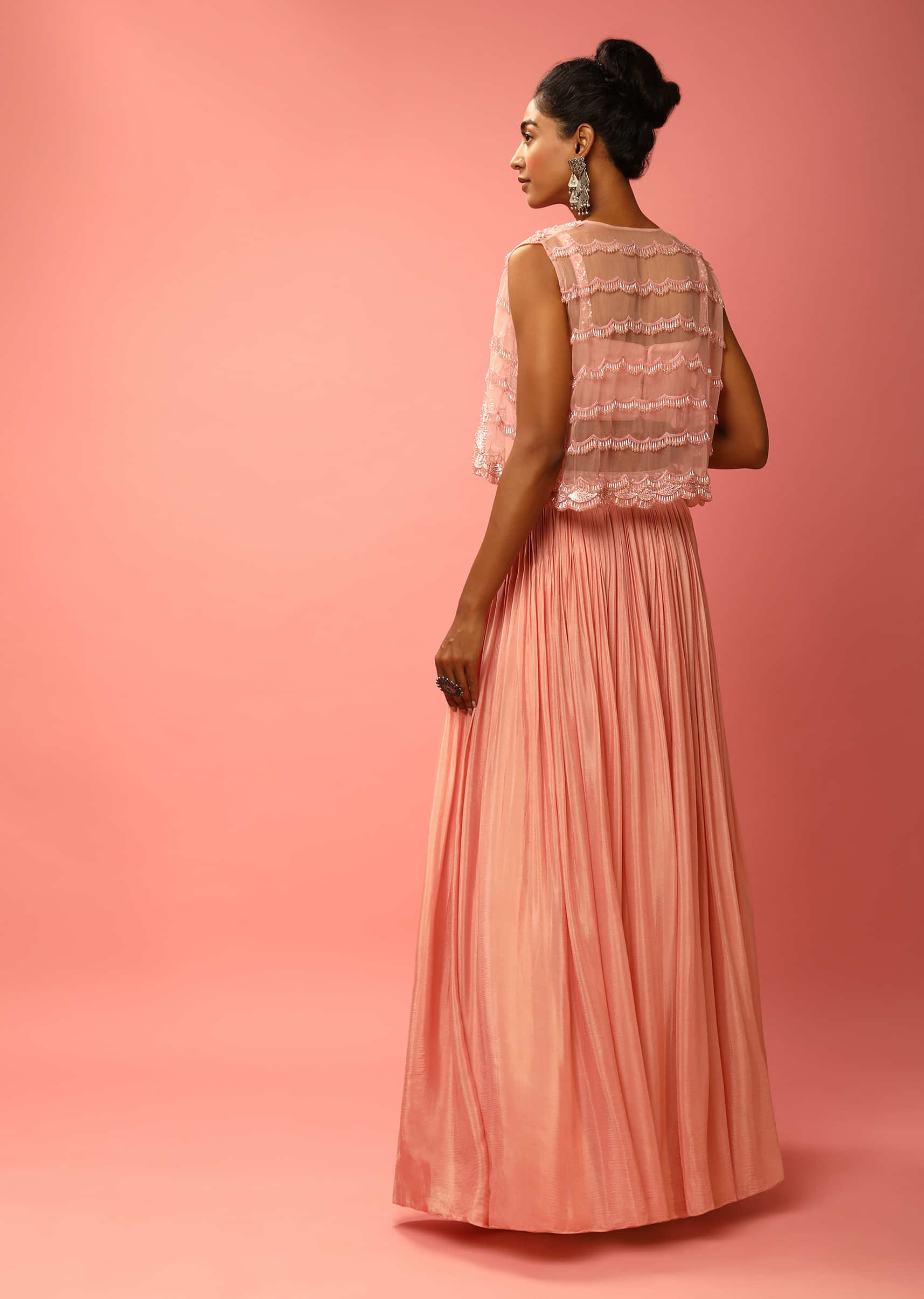 Salmon Pink Skirt And Crop Top With Sequins Embroidery And Tassel Jacket Online - Kalki Fashion