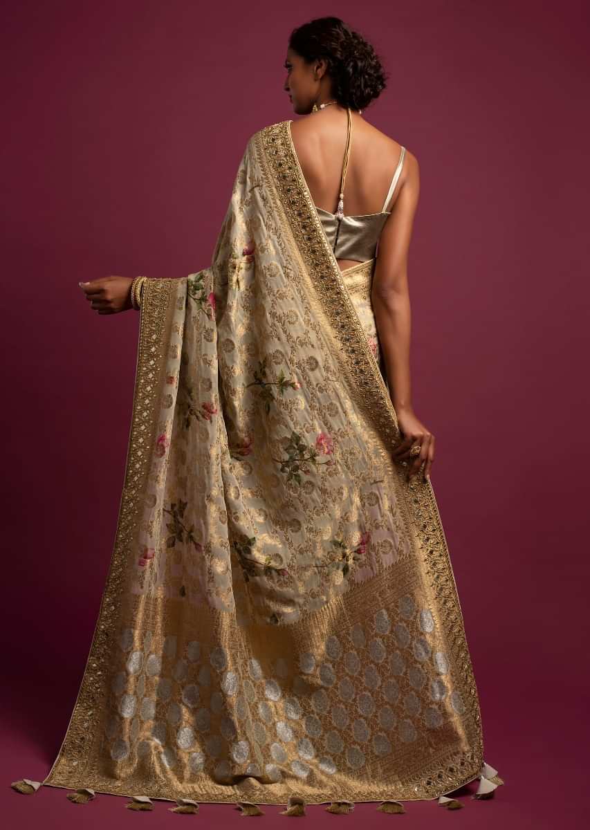 Sand Beige Banarasi Saree In Georgette With Weaved Floral Jaal All Over