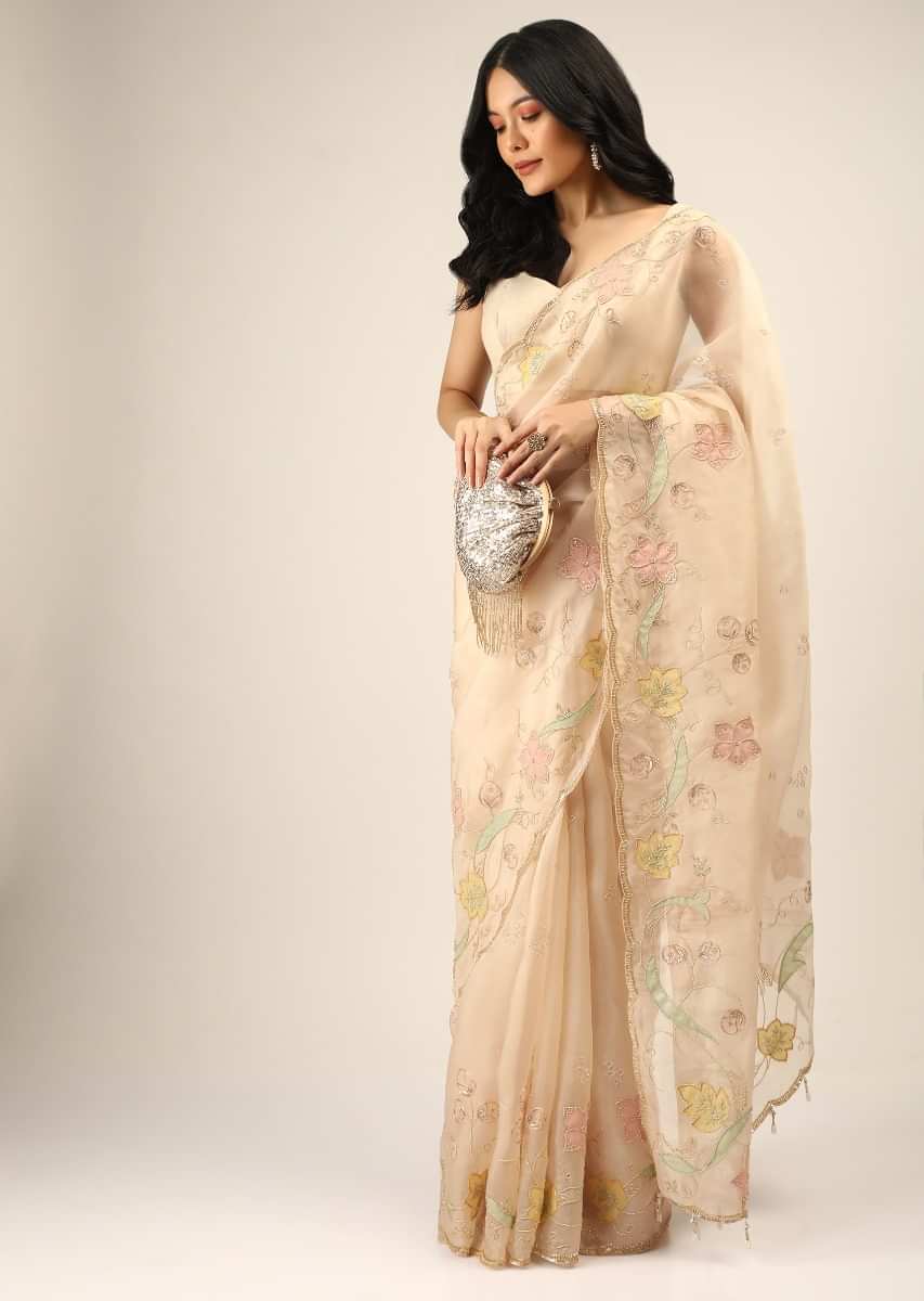 Sand Beige Saree In Organza With Multi Colored Applique Flowers And Cut Dana Accents  