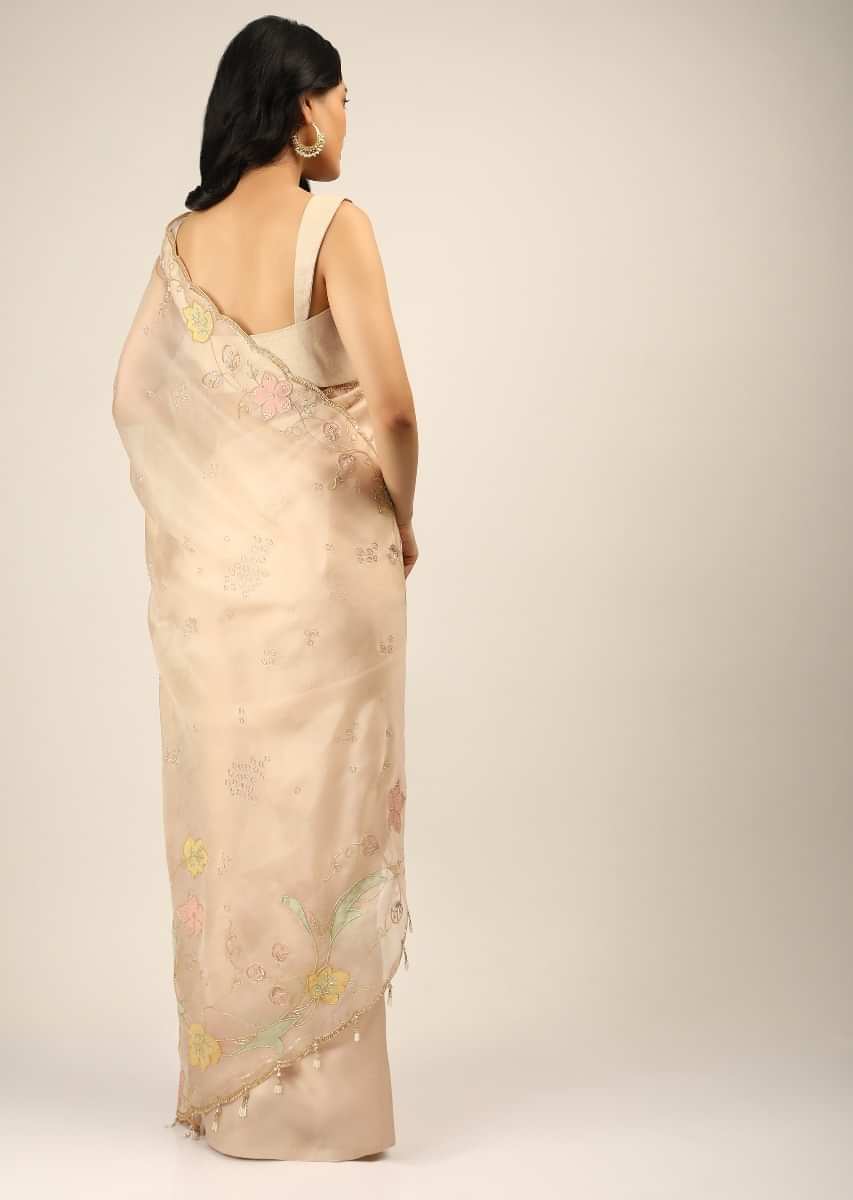 Sand Beige Saree In Organza With Multi Colored Applique Flowers And Cut Dana Accents  