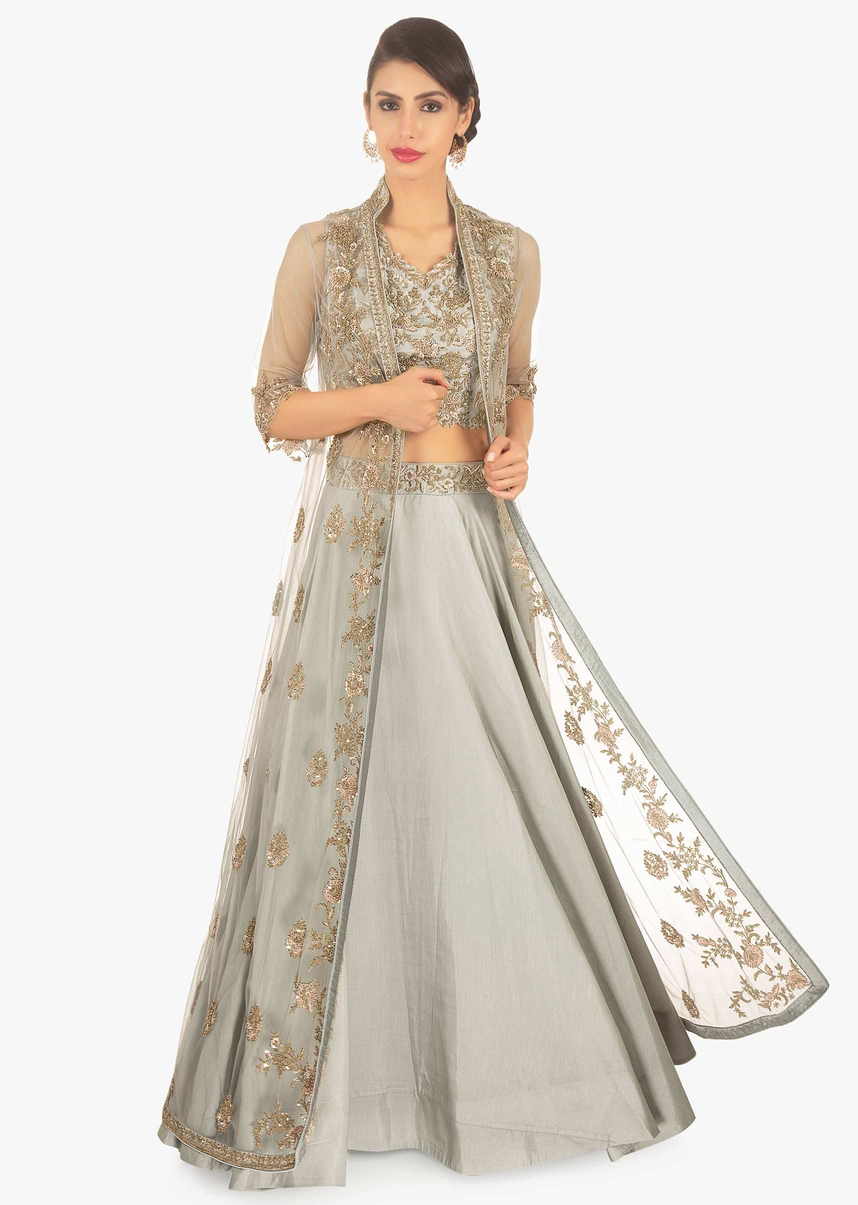 Sand dollar  green cotton lehenga set paired with a matching net jacket