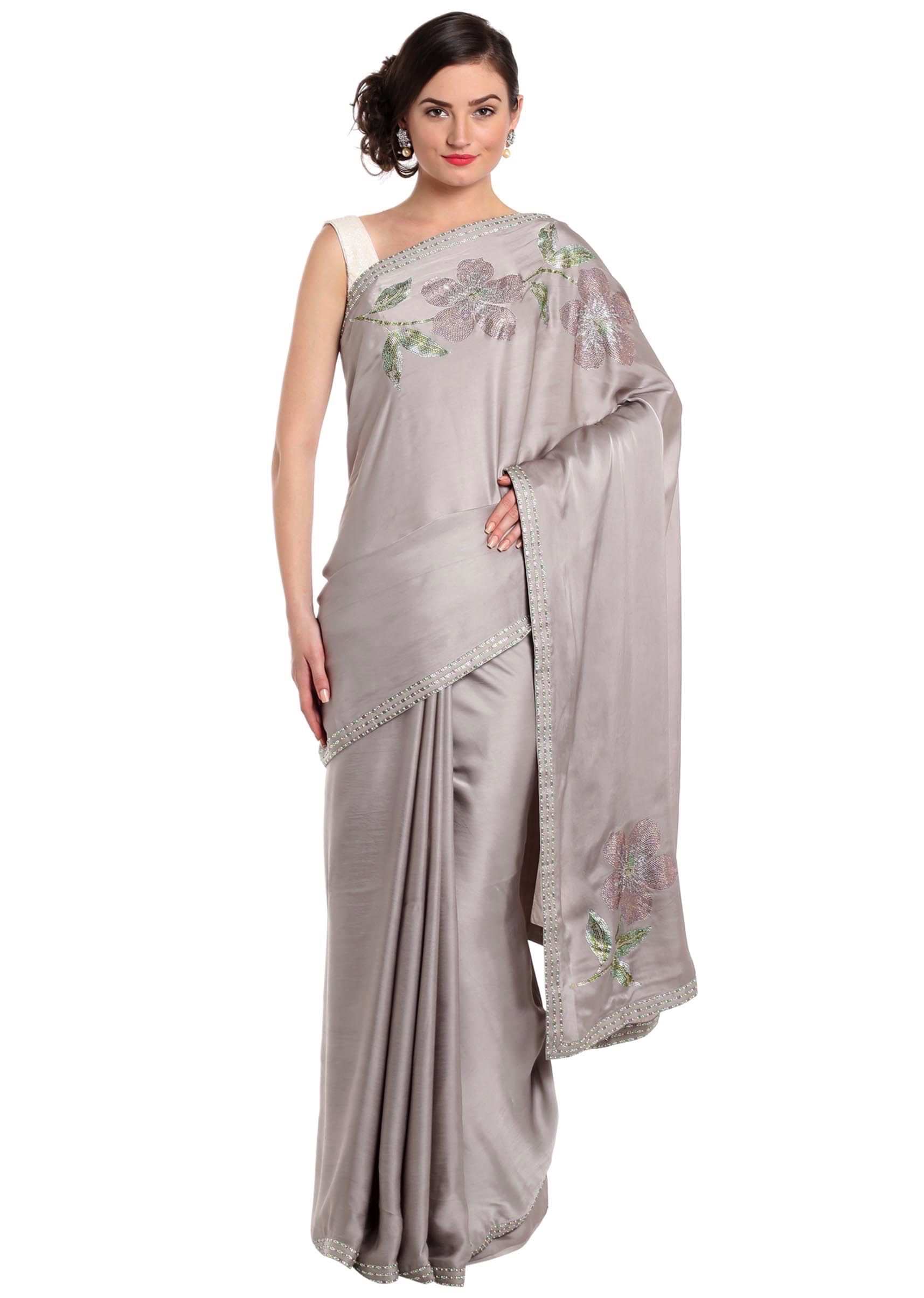 Sand Grey Saree With Kundan Embroidery In Floral Motif Online - Kalki Fashion