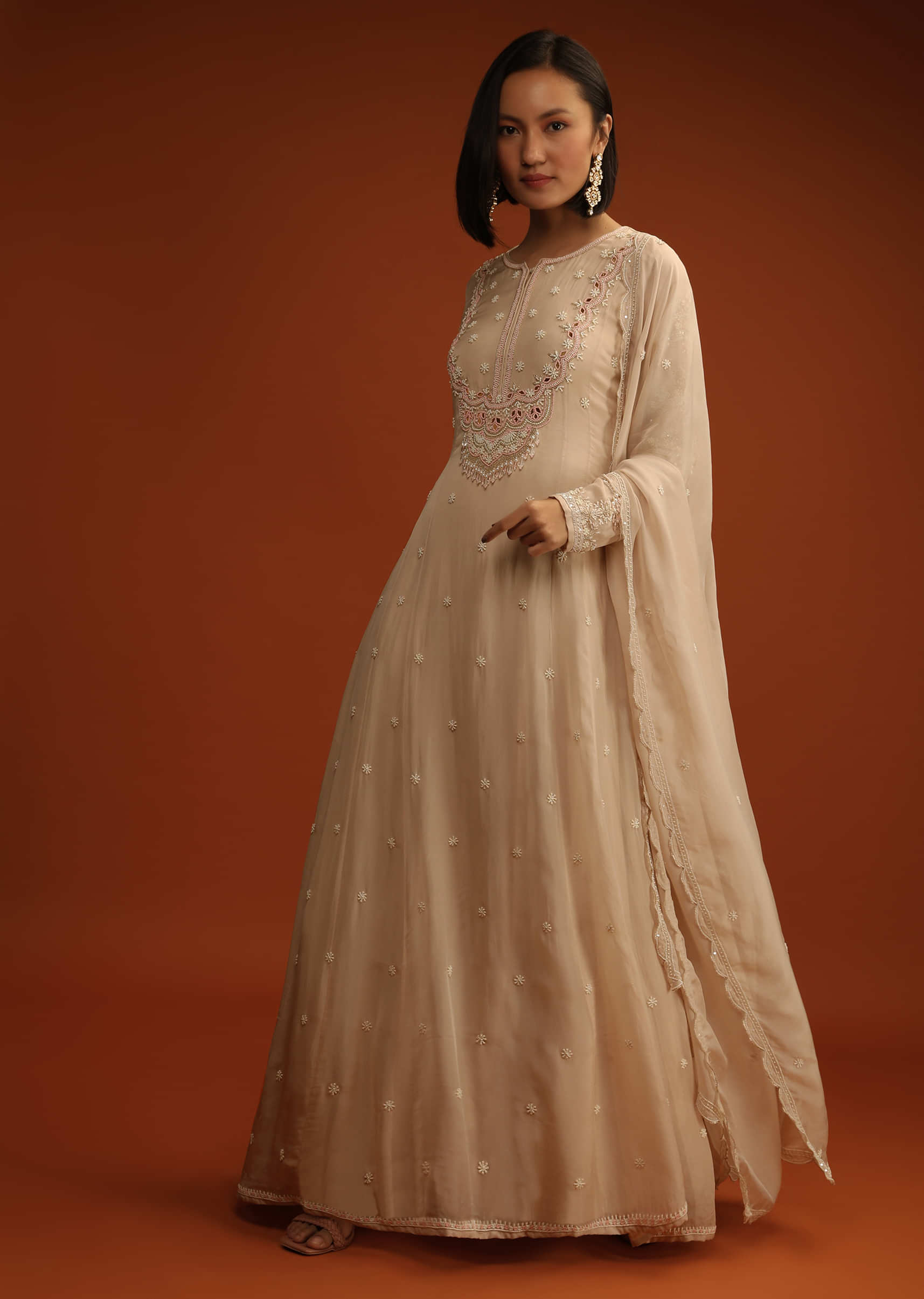 Sand Beige Anarkali Suit In Organza With Mirror And Moti Hand Embroidery