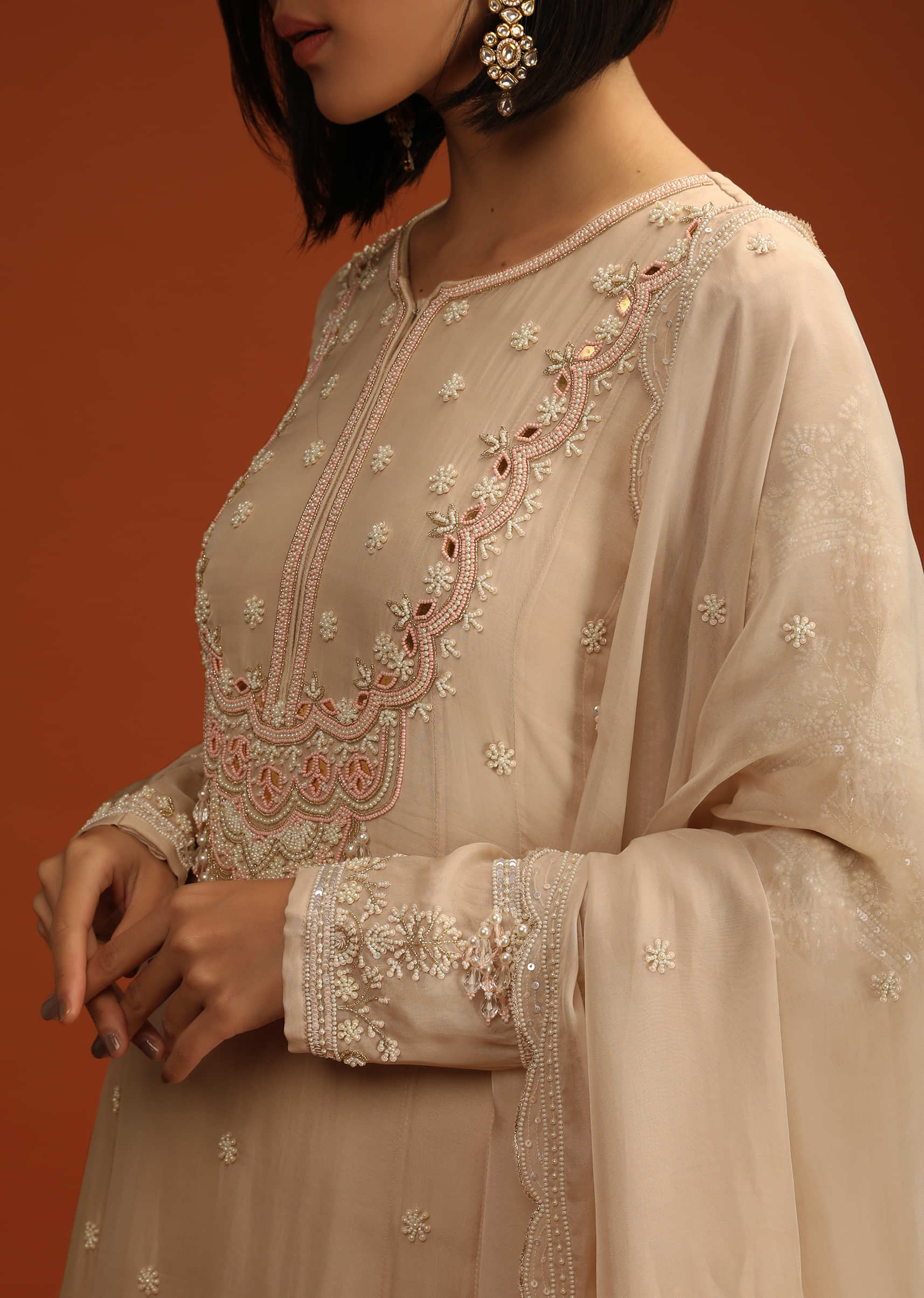 Sand Beige Anarkali Suit In Organza With Mirror And Moti Hand Embroidery