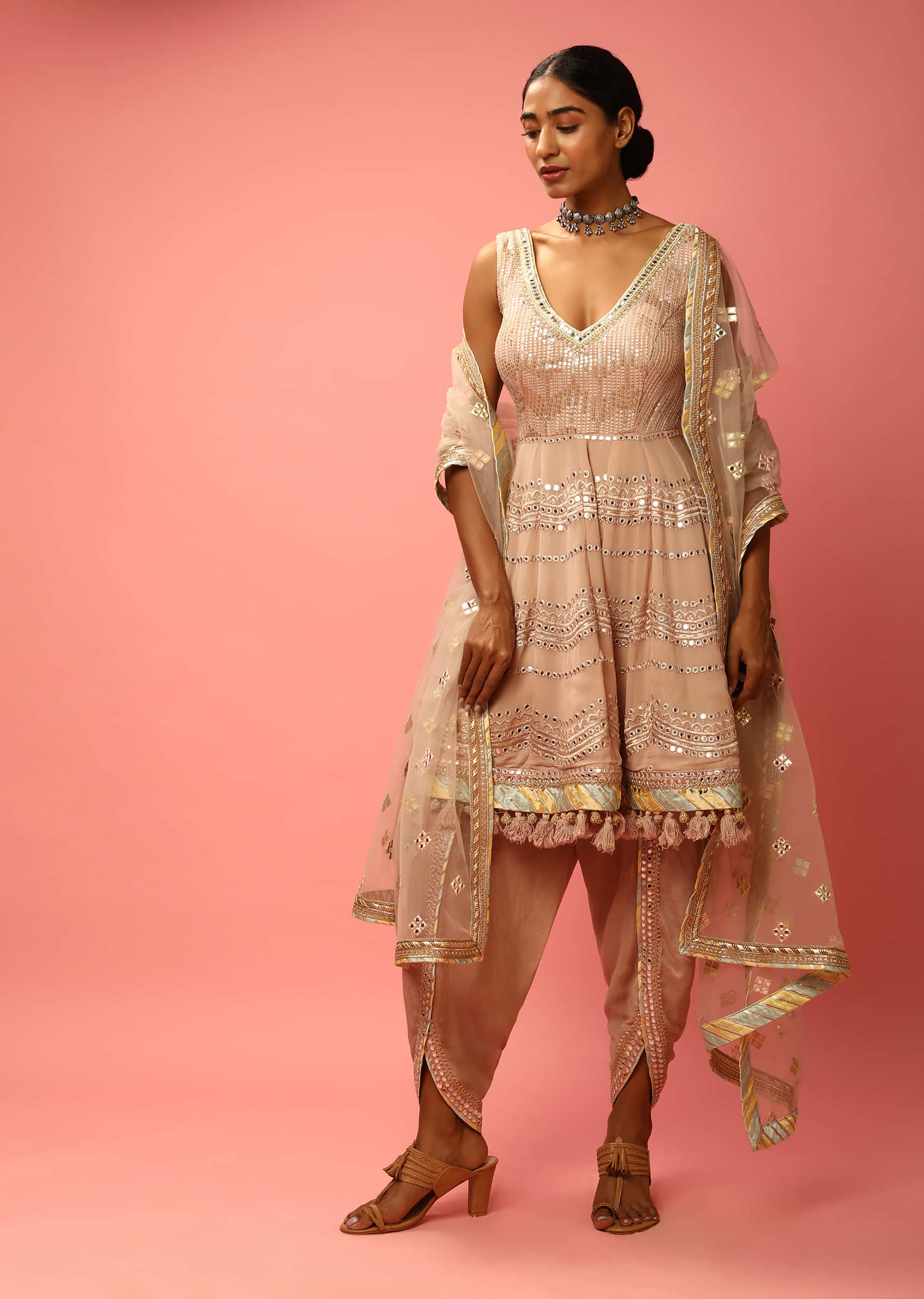 Sand Beige Dhoti And Peplum Suit With Mirror Abla And Sequins Embroidery  