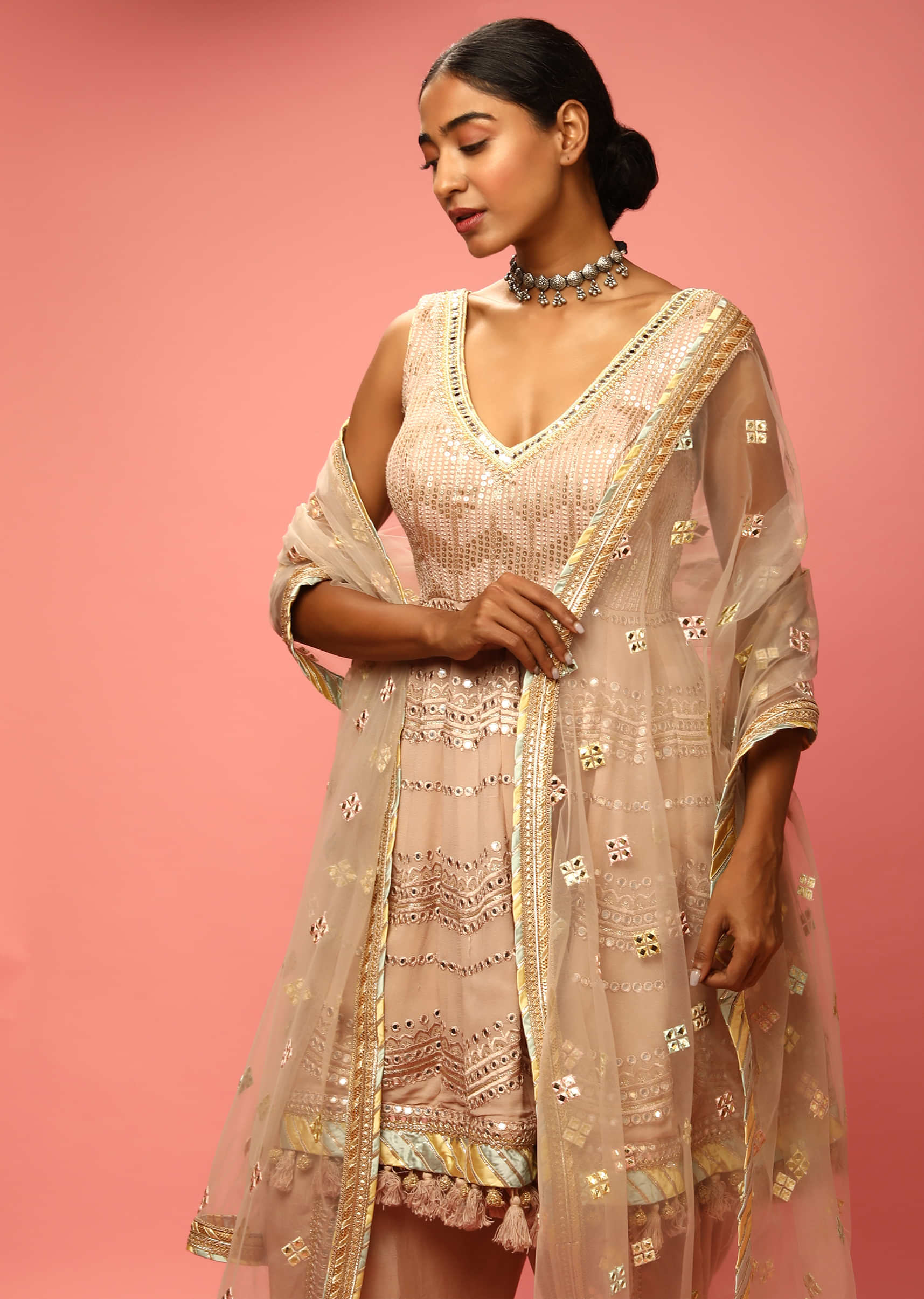 Sand Beige Dhoti And Peplum Suit With Mirror Abla And Sequins Embroidery  