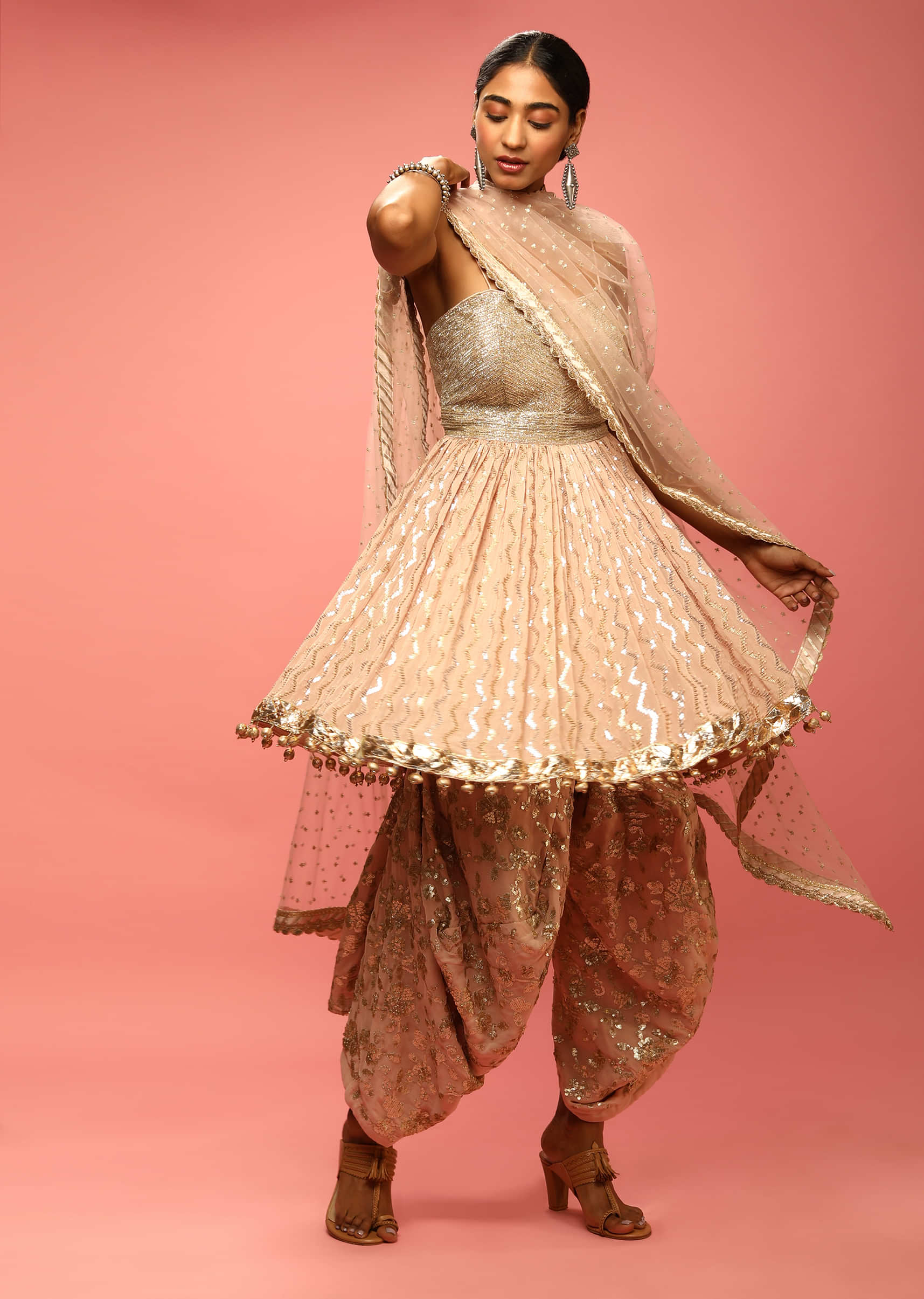 Sand Beige Dhoti And Peplum Suit With Fancy Cowls And Sequins Embroidery  