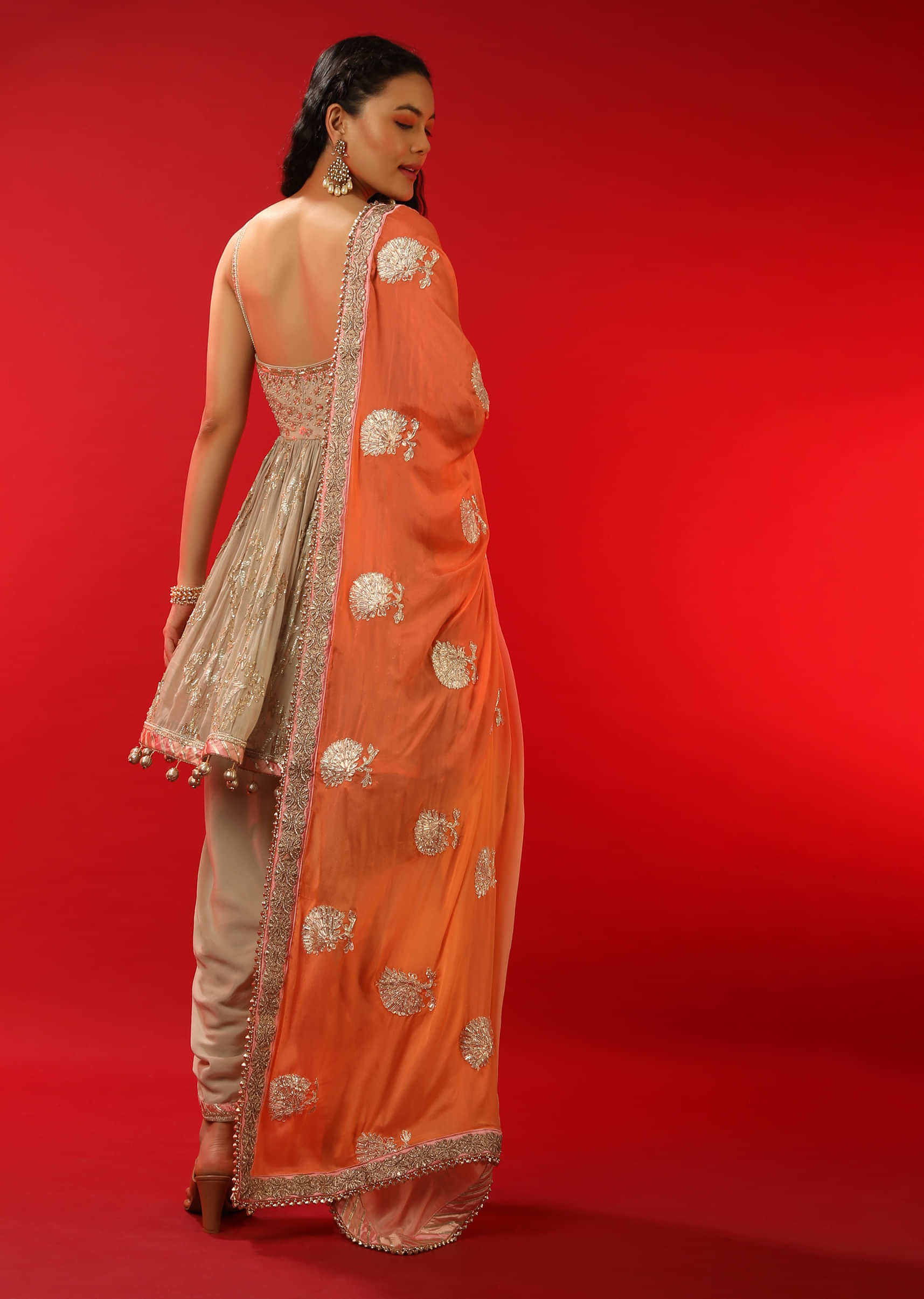 Sand Beige Dhoti And Peplum Suit With Zardosi And Gotta Lace Embroidery  