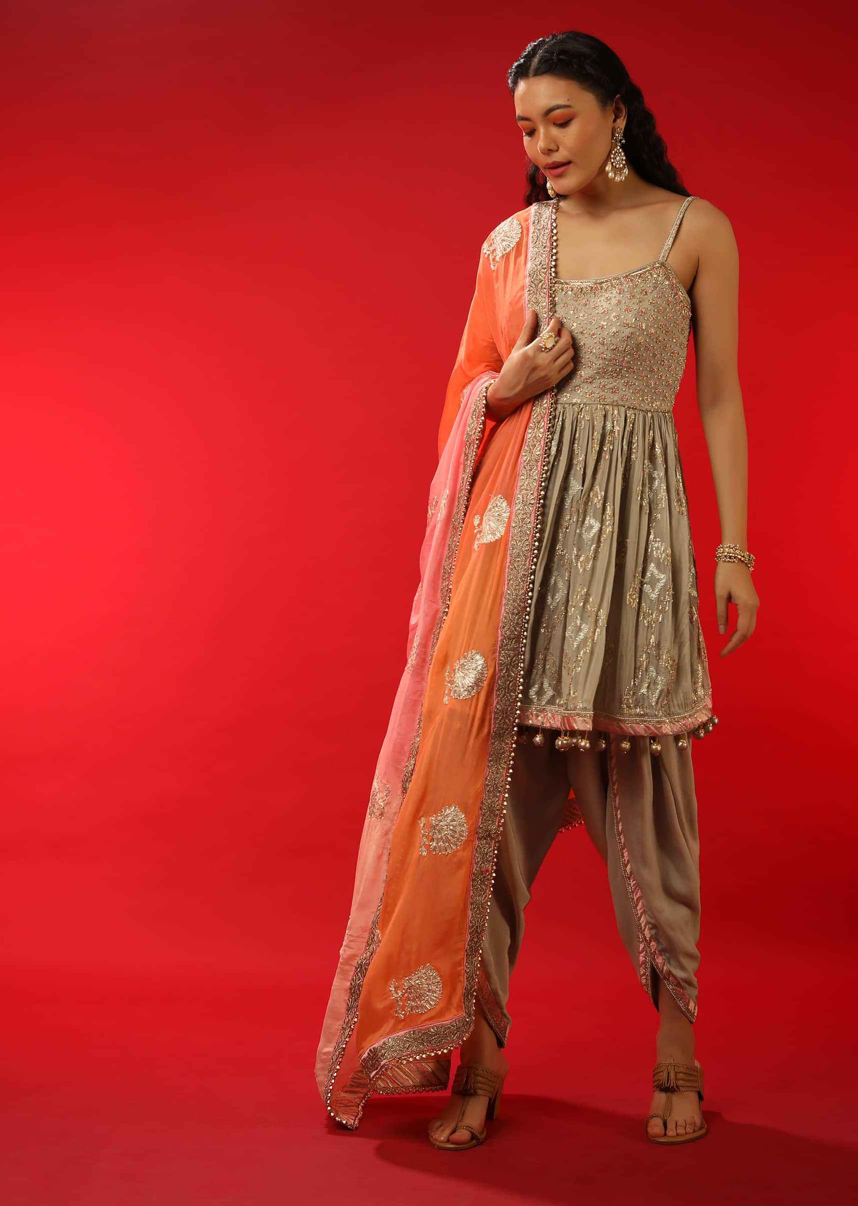 Sand Beige Dhoti And Peplum Suit With Zardosi And Gotta Lace Embroidery  