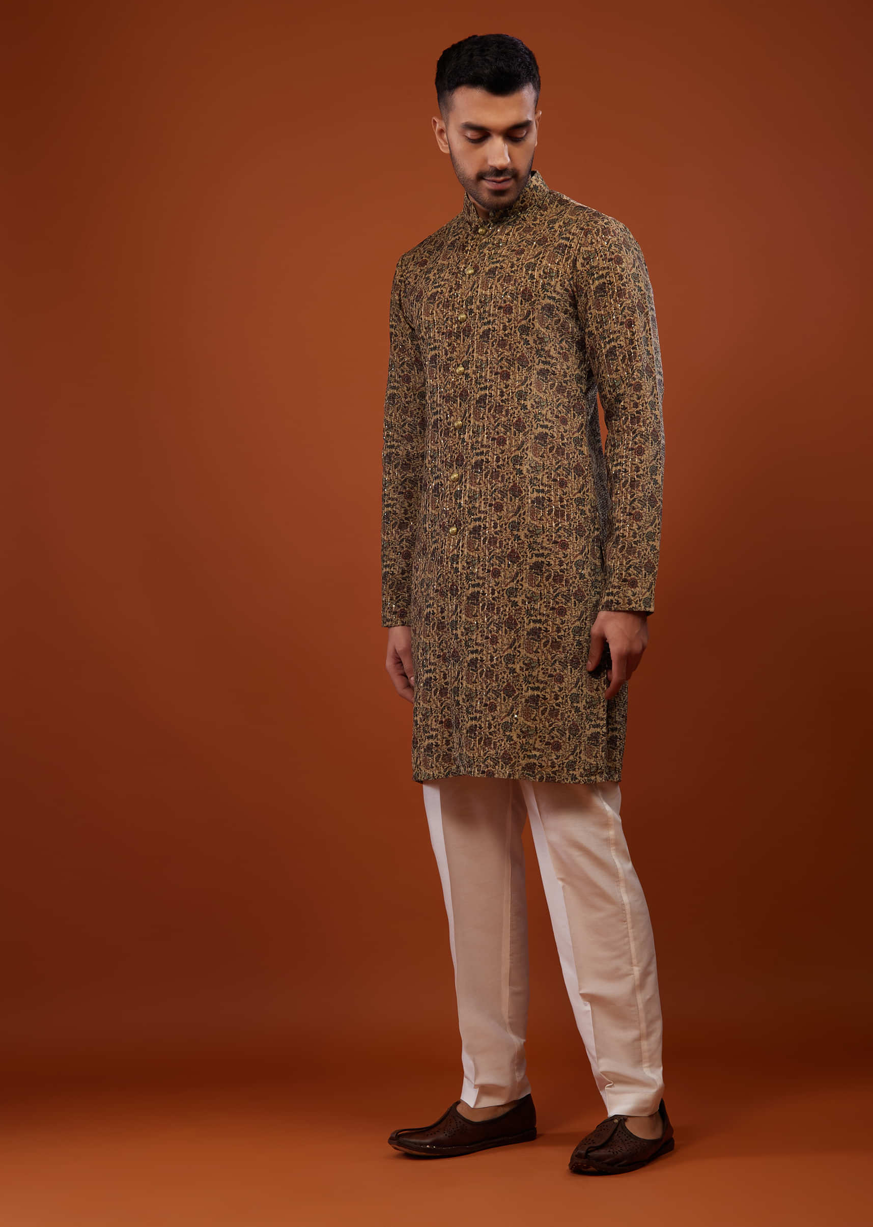 Coffee Brown Floral Embroidered Kurta Set In Suede Velvet