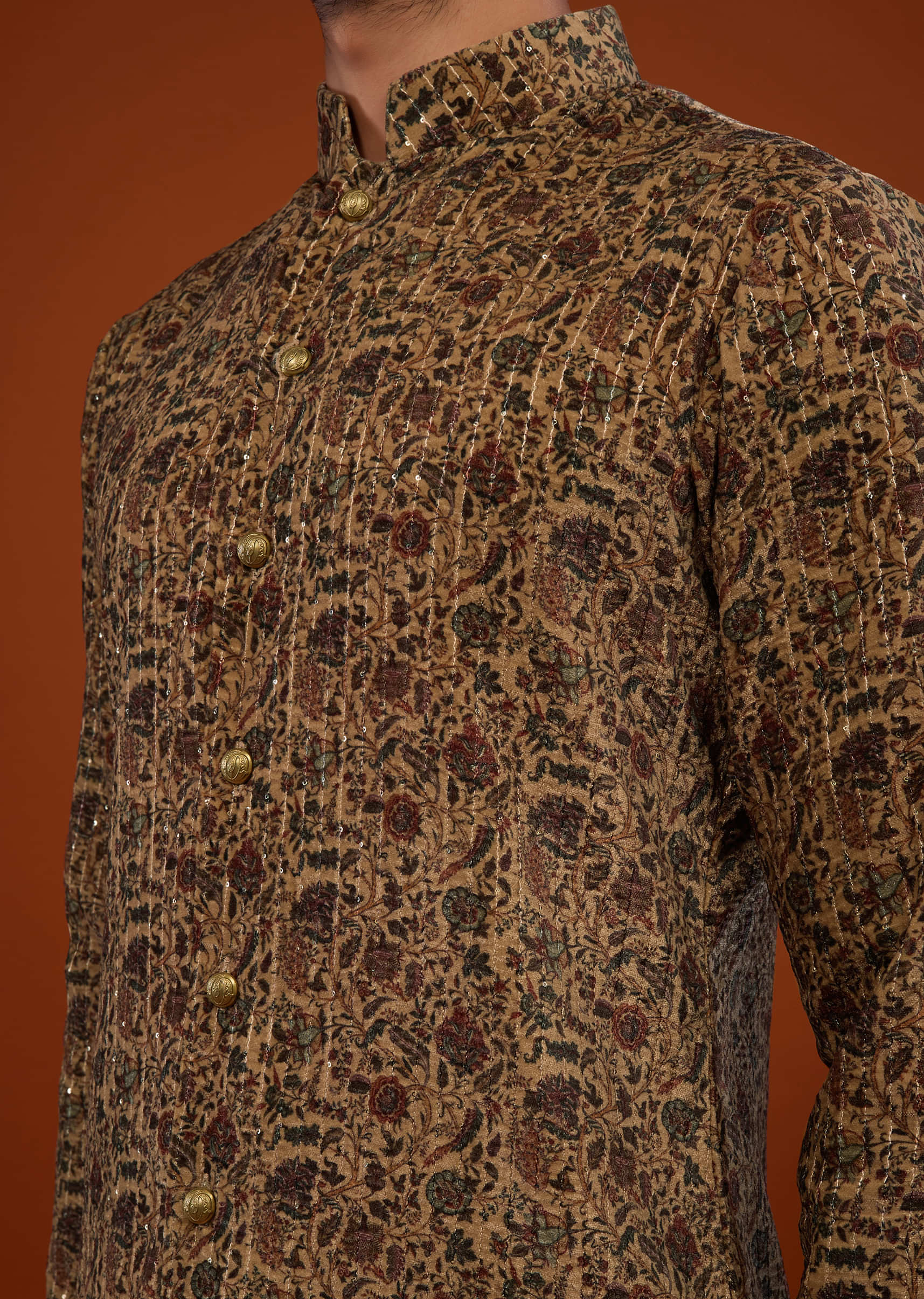 Coffee Brown Floral Embroidered Kurta Set In Suede Velvet