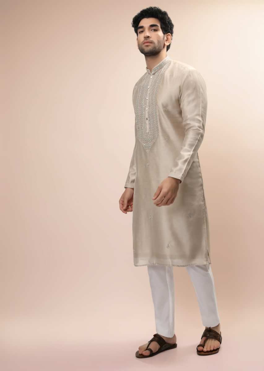 Sand Beige Kurta Set In Silk With Heavy Mirror Embroidered Placket And Butti Work  
