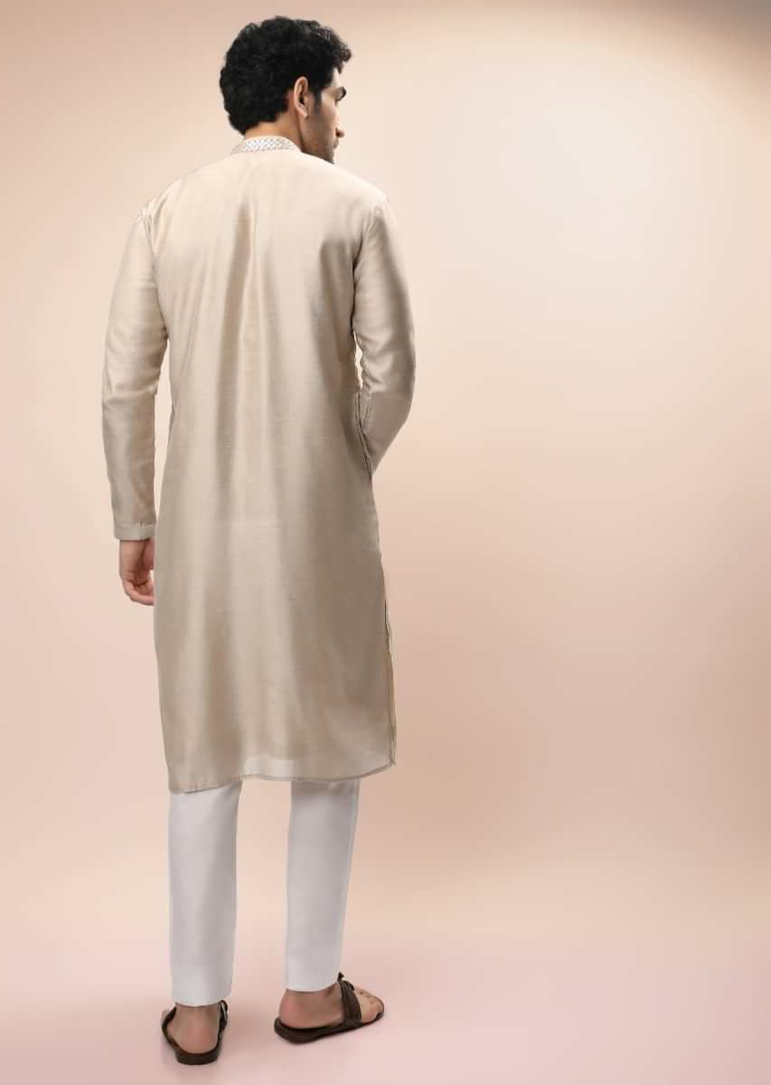 Sand Beige Kurta Set In Silk With Heavy Mirror Embroidered Placket And Butti Work  