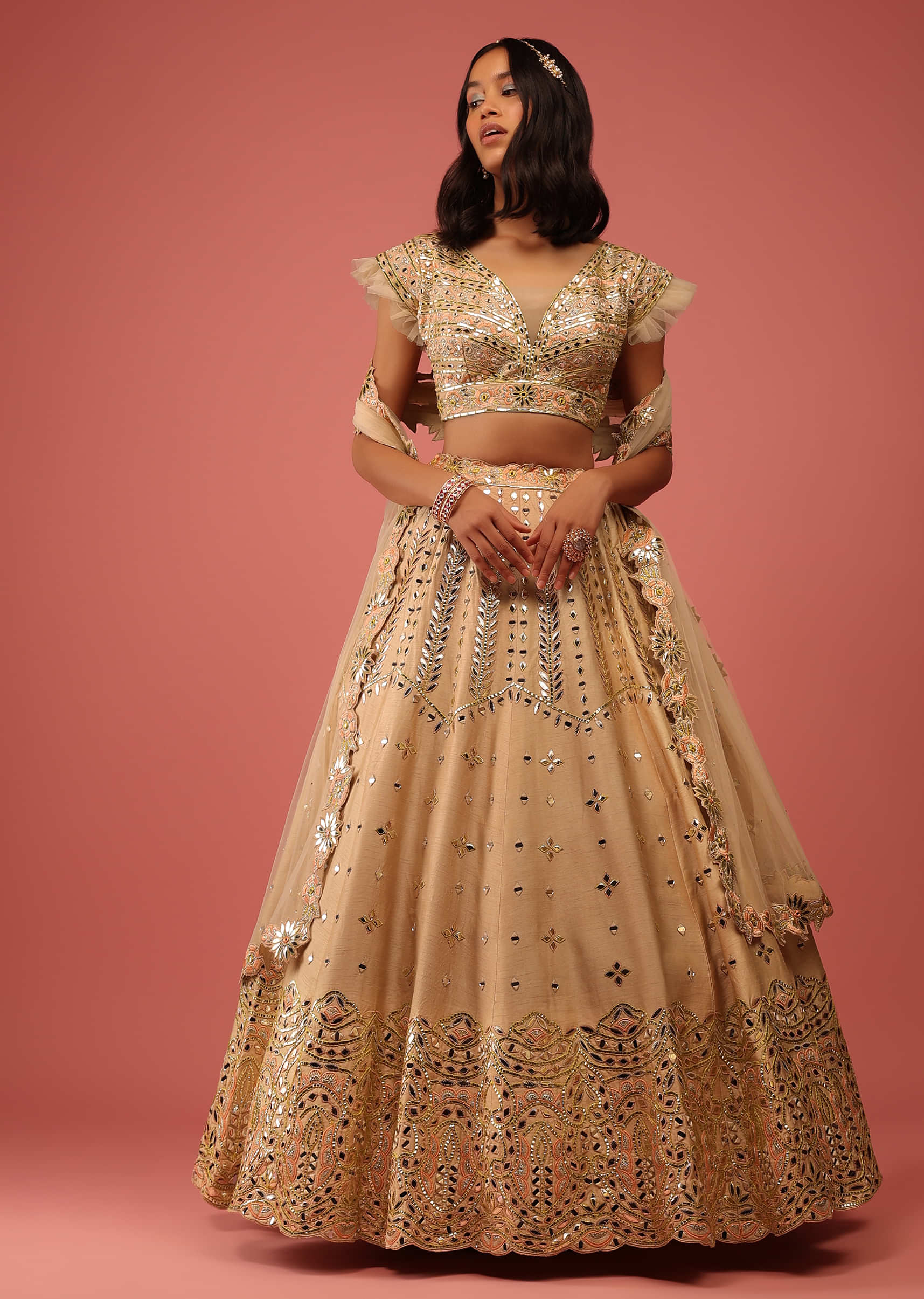 Beige White Lehenga Choli In Raw Silk With Foil Applique And Ruffle Sleeves