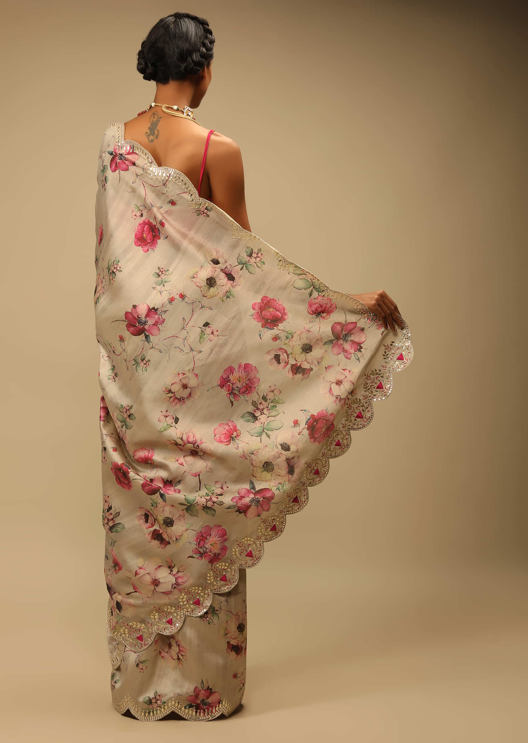 Sand Beige Saree In Tussar Silk With Multi Colored Floral Print And Gotta Border 