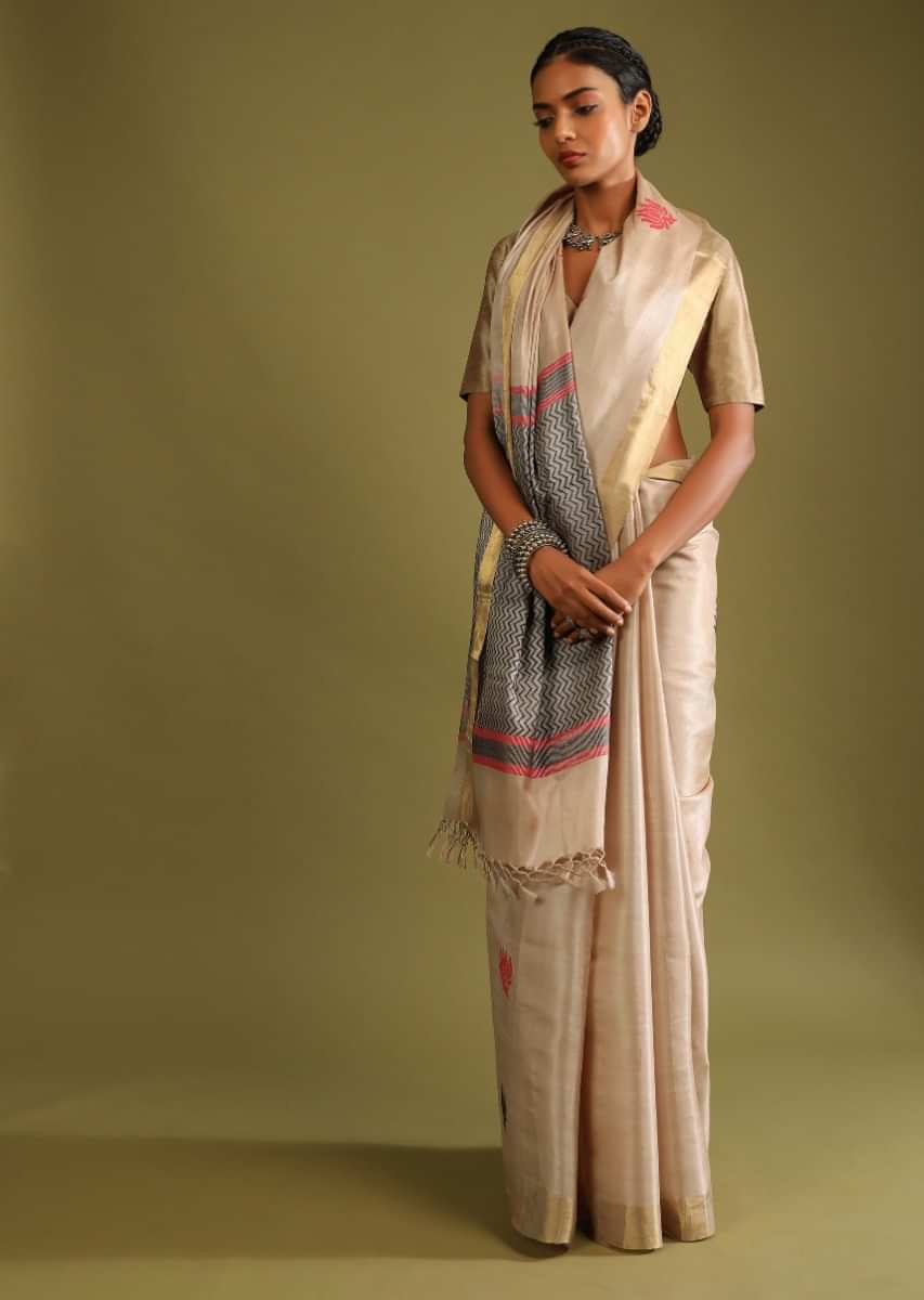 Sand Beige Saree In Tussar Silk With Multi Colored Thread Embroidered Geometric Design On The Pallu  