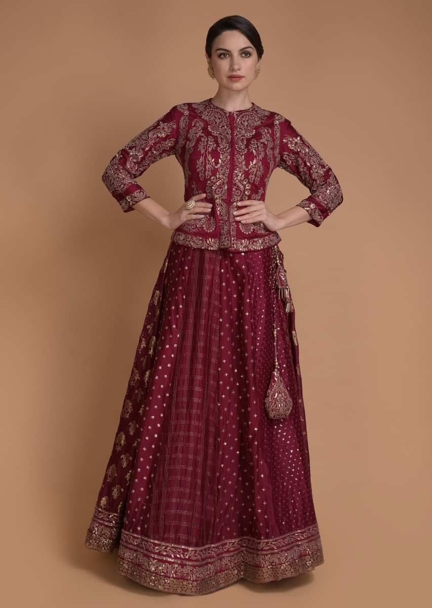 Sangria Red Lehenga Choli With Embroidered Ethnic Pattern 
