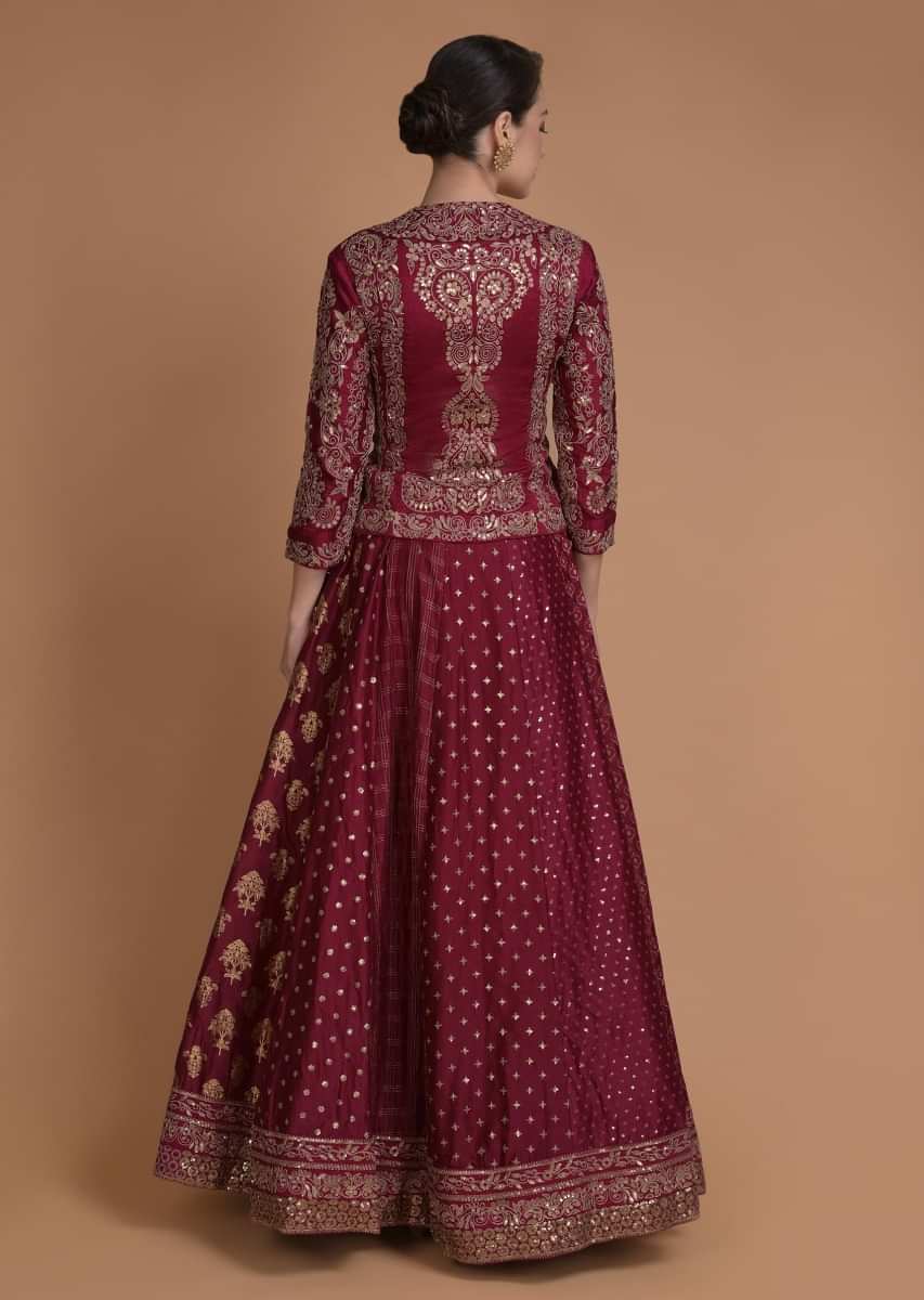 Sangria Red Lehenga Choli With Embroidered Ethnic Pattern 
