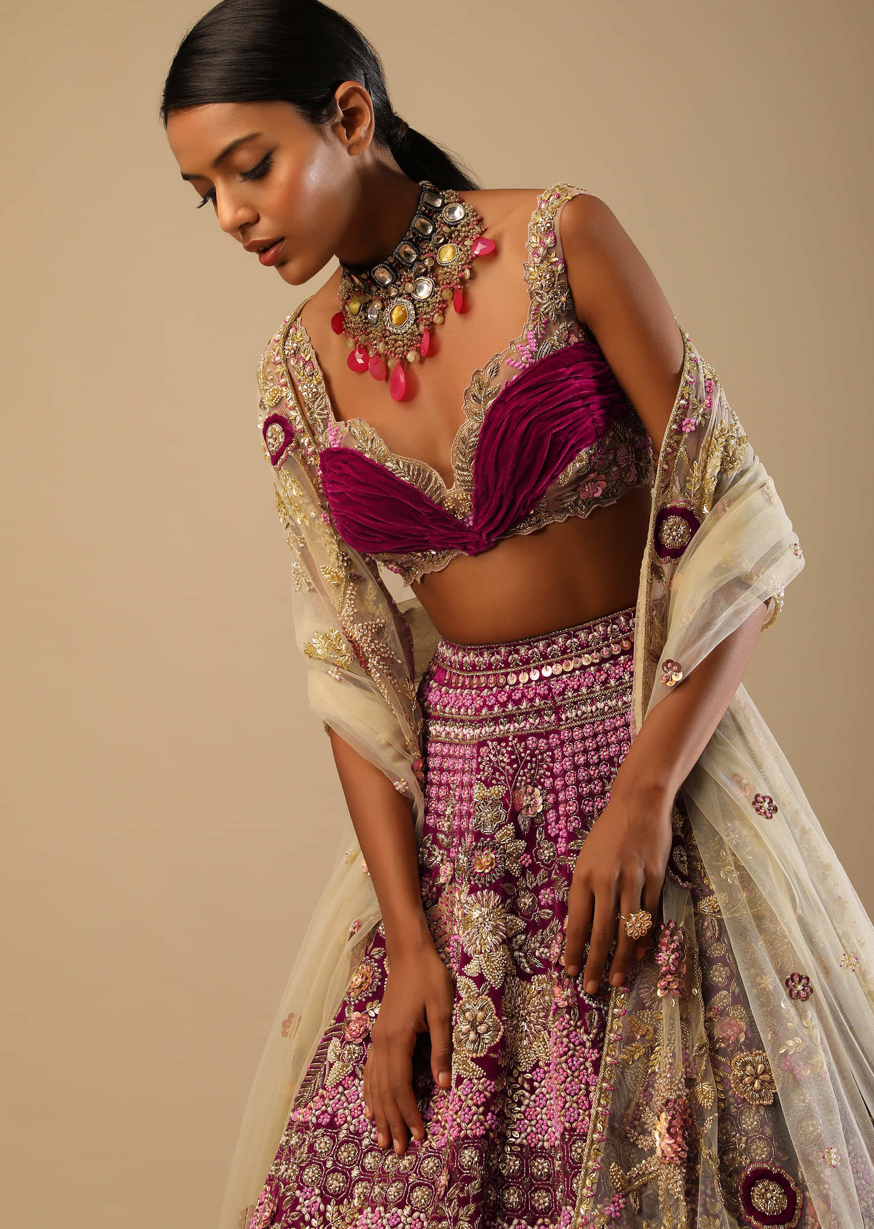 Sangria Lehenga In Velvet With Ruched Choli And Multi Colored Hand Embroidered Heritage Floral Motifs 