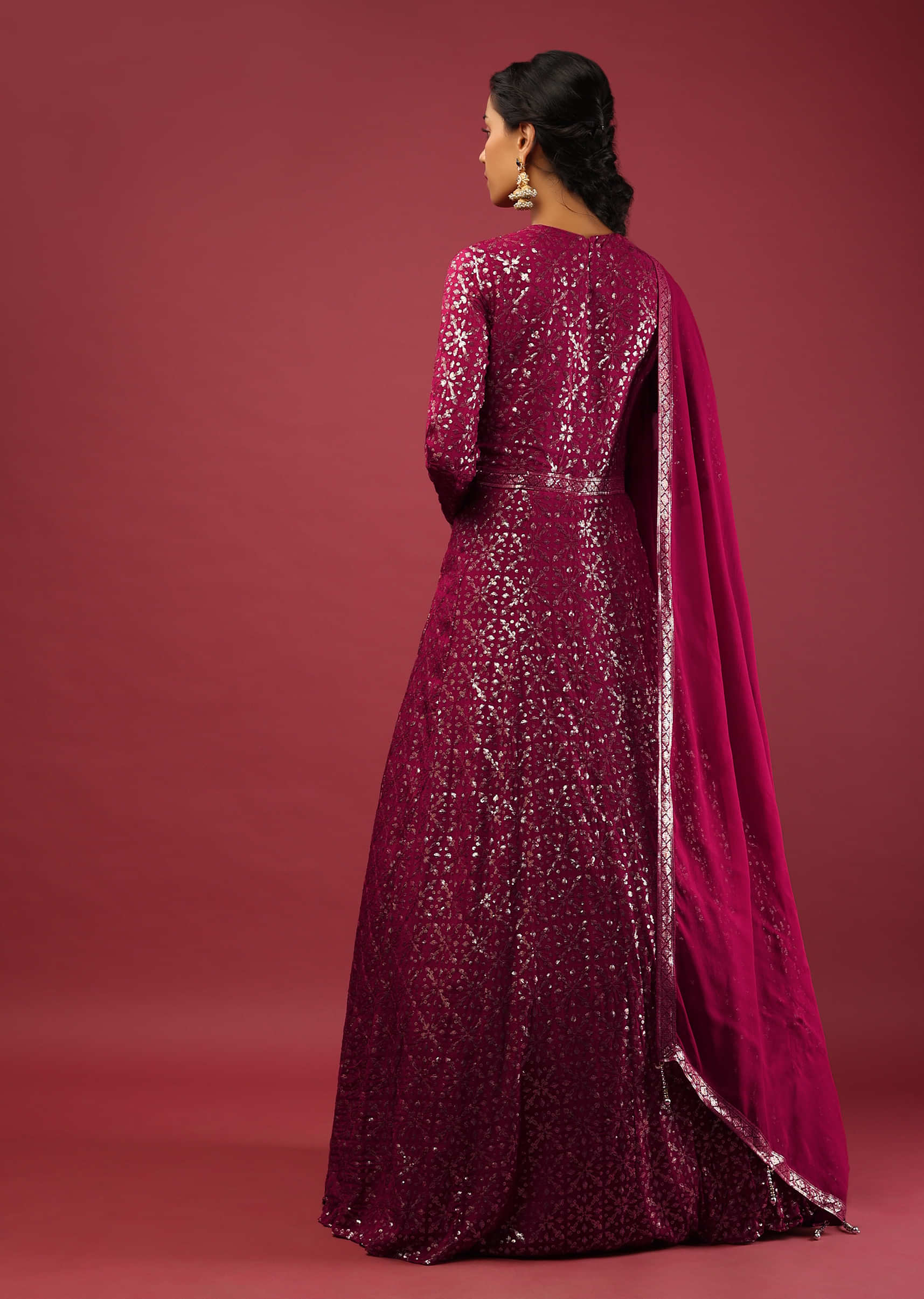 Sangria Pink Anarkali Suit In Chiffon With Sequins Embroidered Floral Jaal  