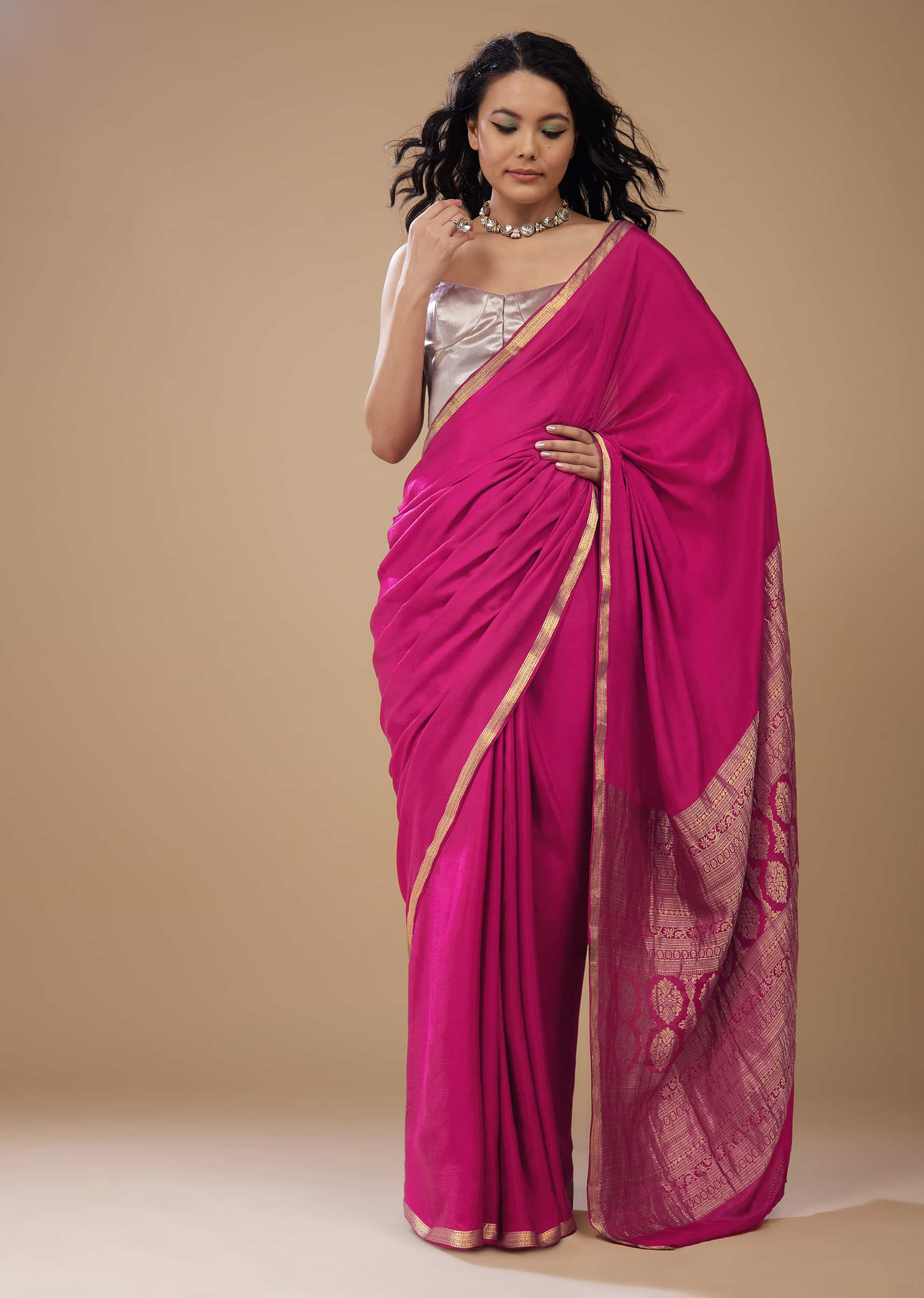 Hot Pink Chiffon Saree With Embroidered Pallu