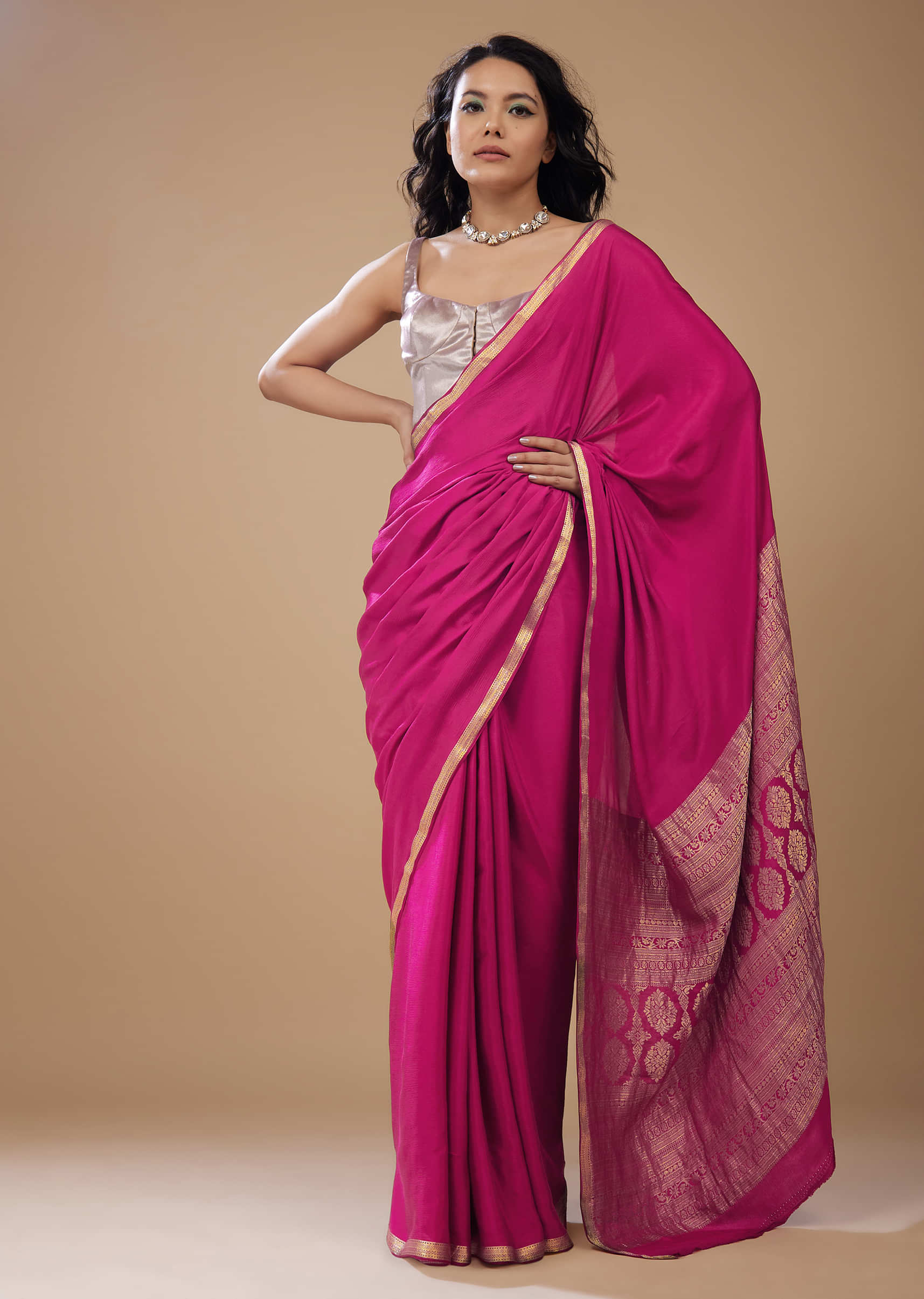 Hot Pink Chiffon Saree With Embroidered Pallu