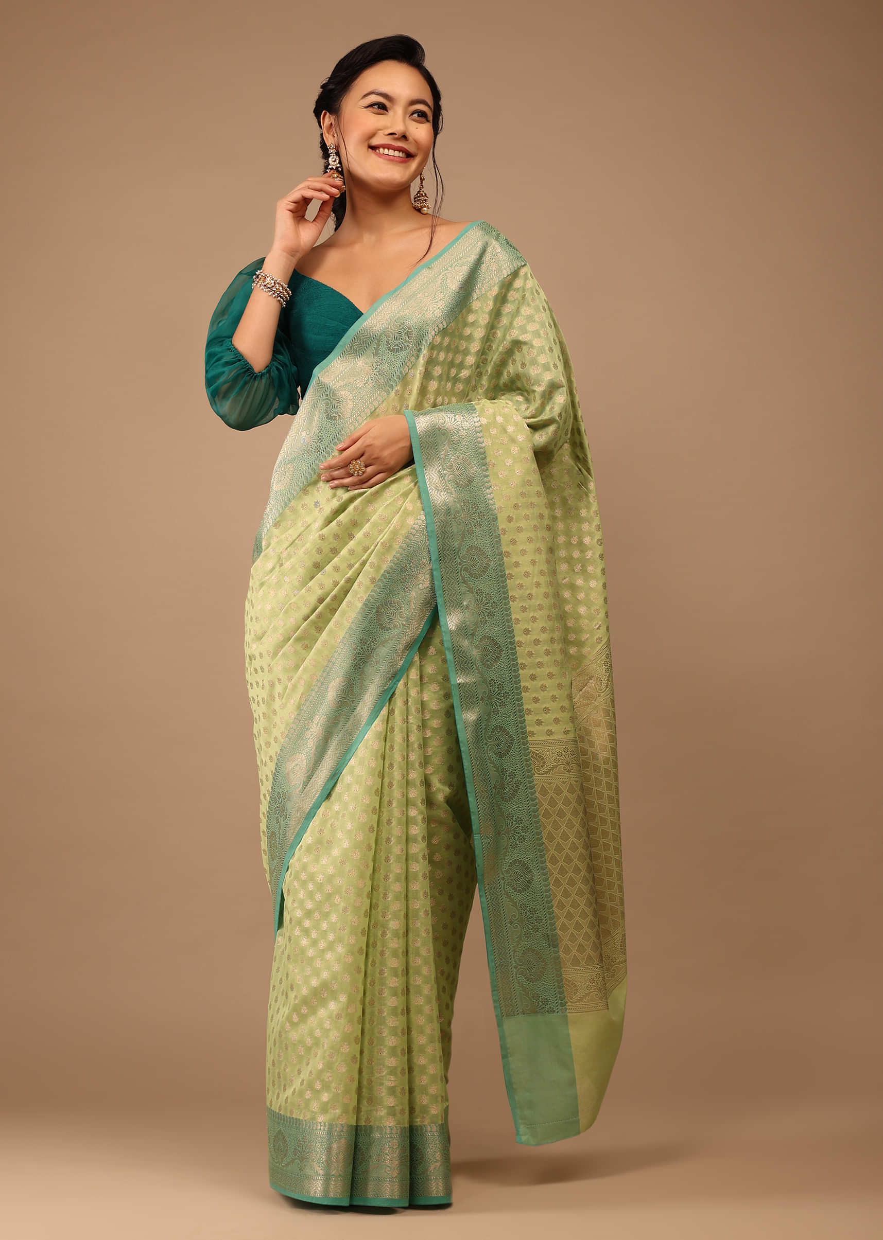 Sap Green Saree In Banarsi Chanderi And Pure Handloom Cotton