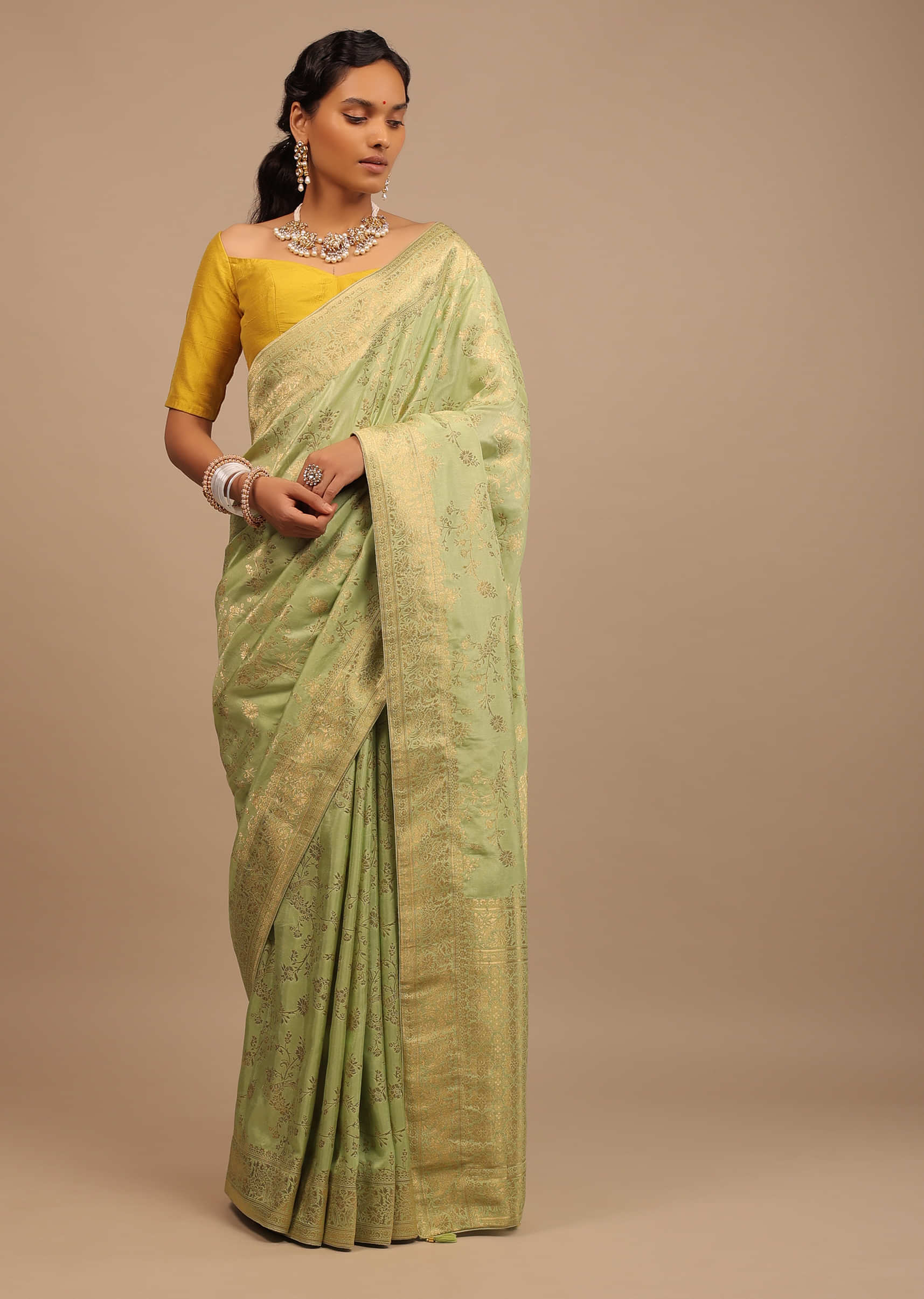 Sap Green Saree In Dola Silk With Woven Floral Jaal And Moroccan Weave On The Pallu
