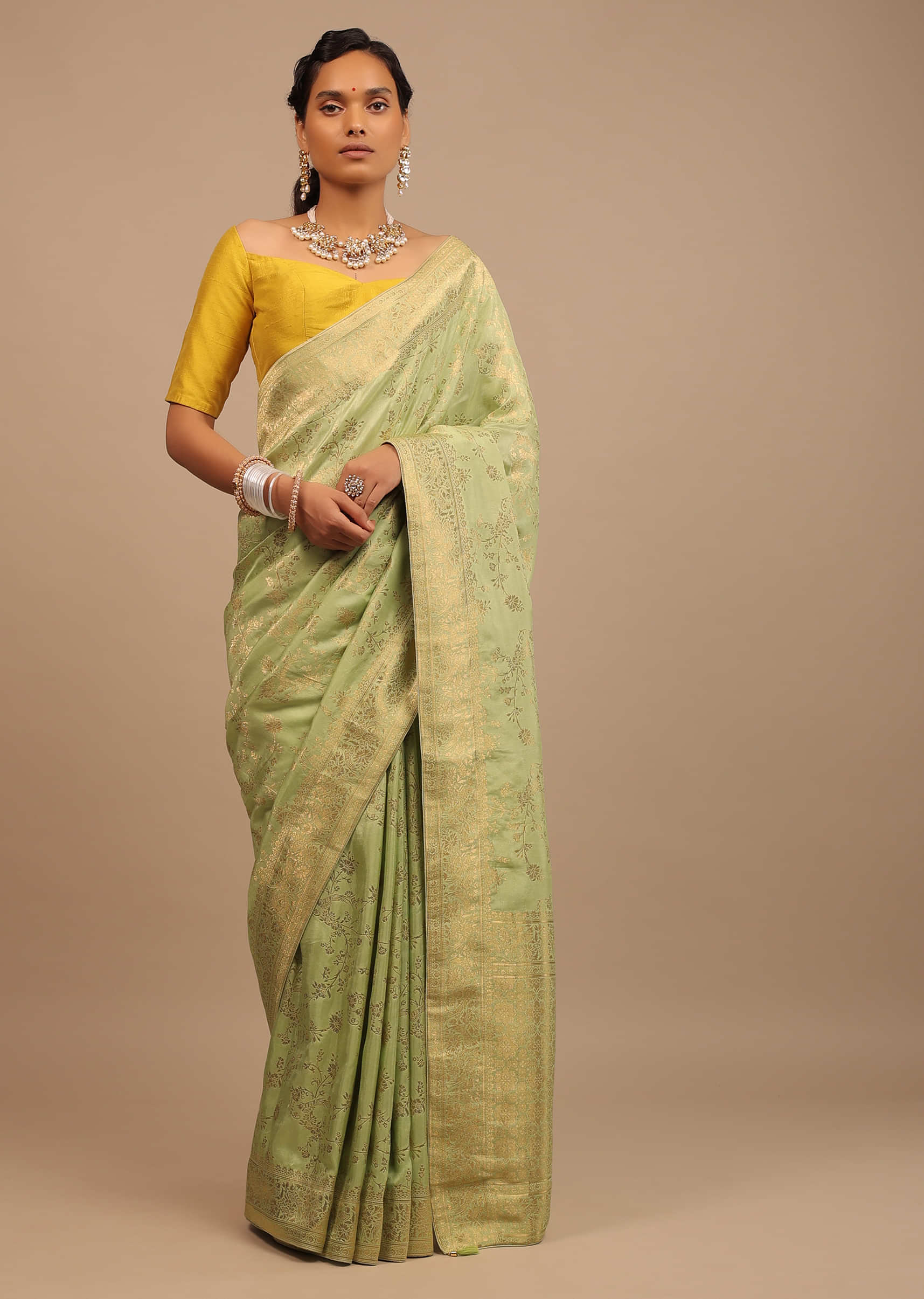 Pista Green Saree In Dola Silk With Woven Floral Jaal And Moroccan Weave On Pallu