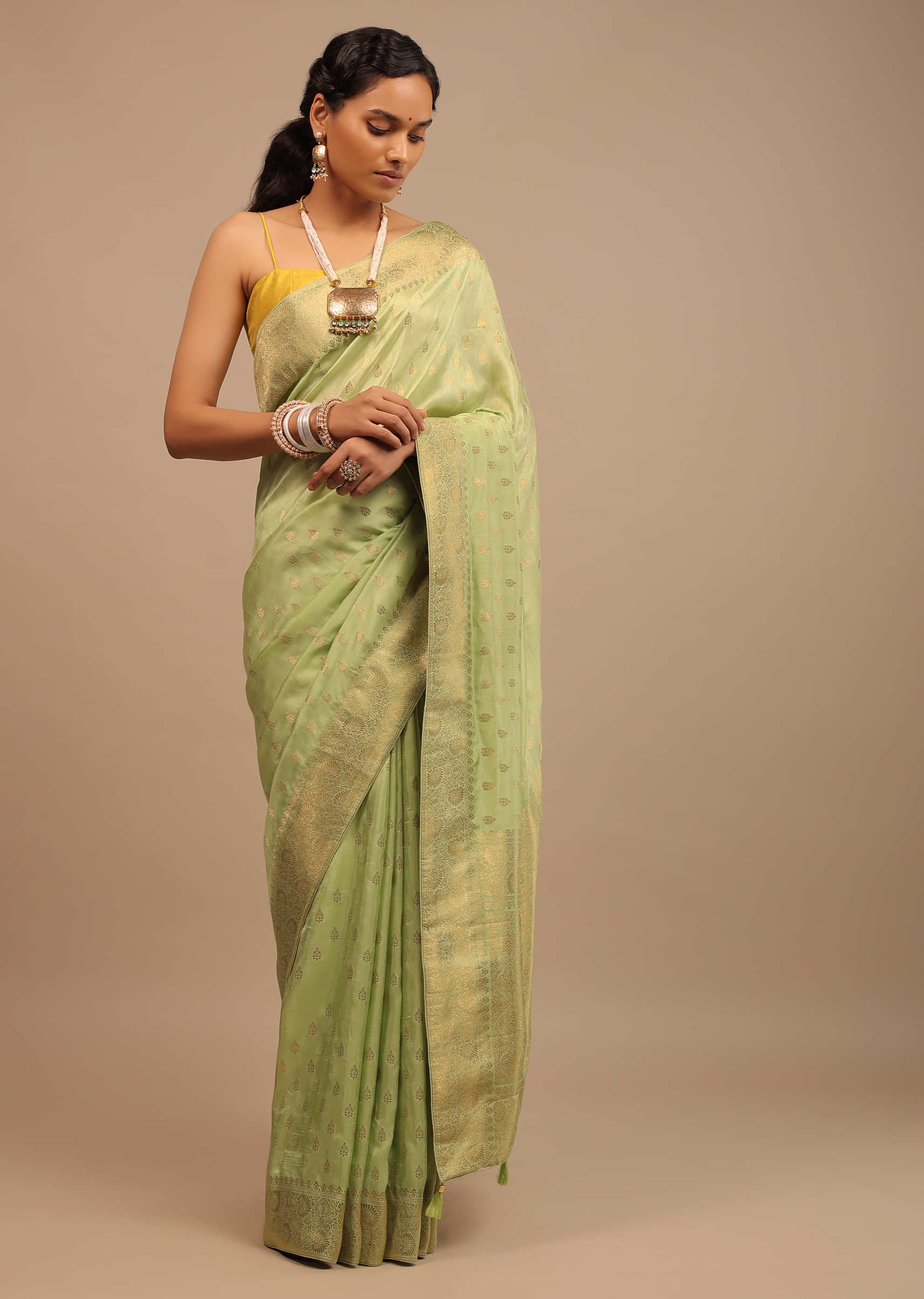 Sap Green Saree In Dola Silk With Woven Leaf Buttis And Moroccan Weave On The Pallu