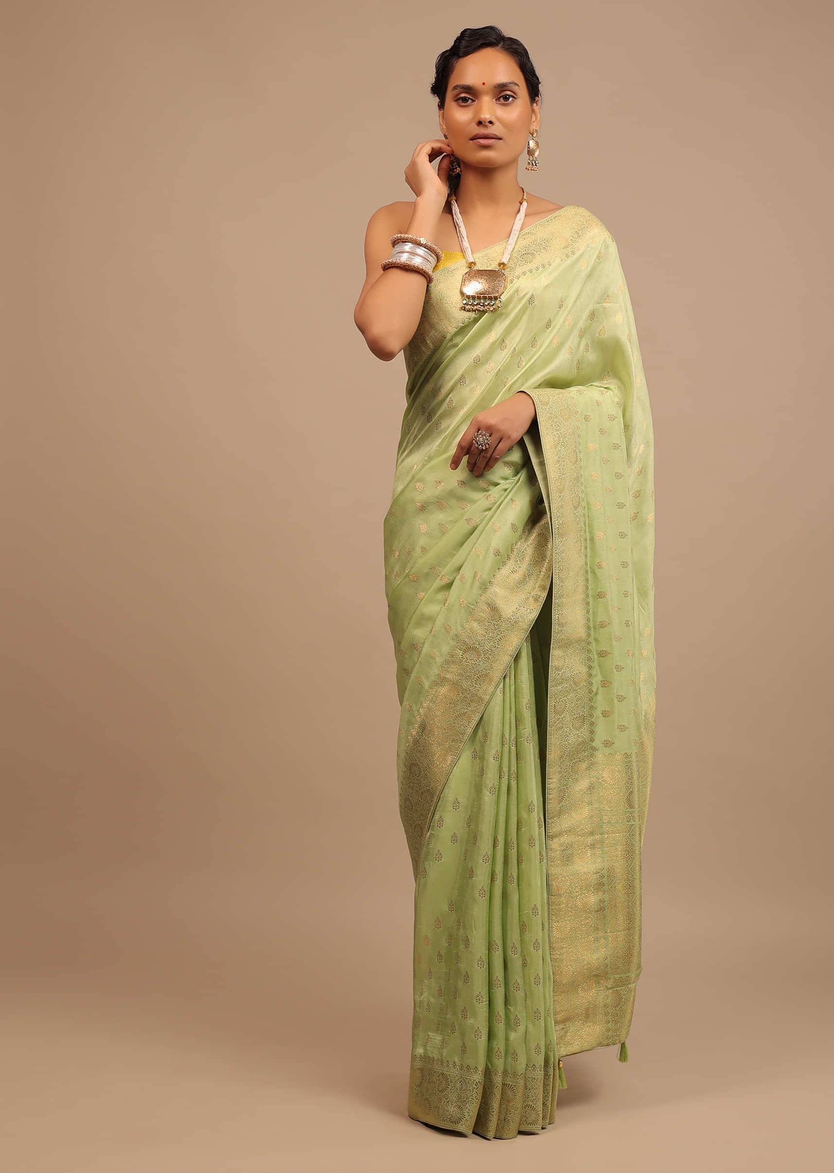 Buy Pista Green Silk Saree With Woven Buttis And Floral Weave On