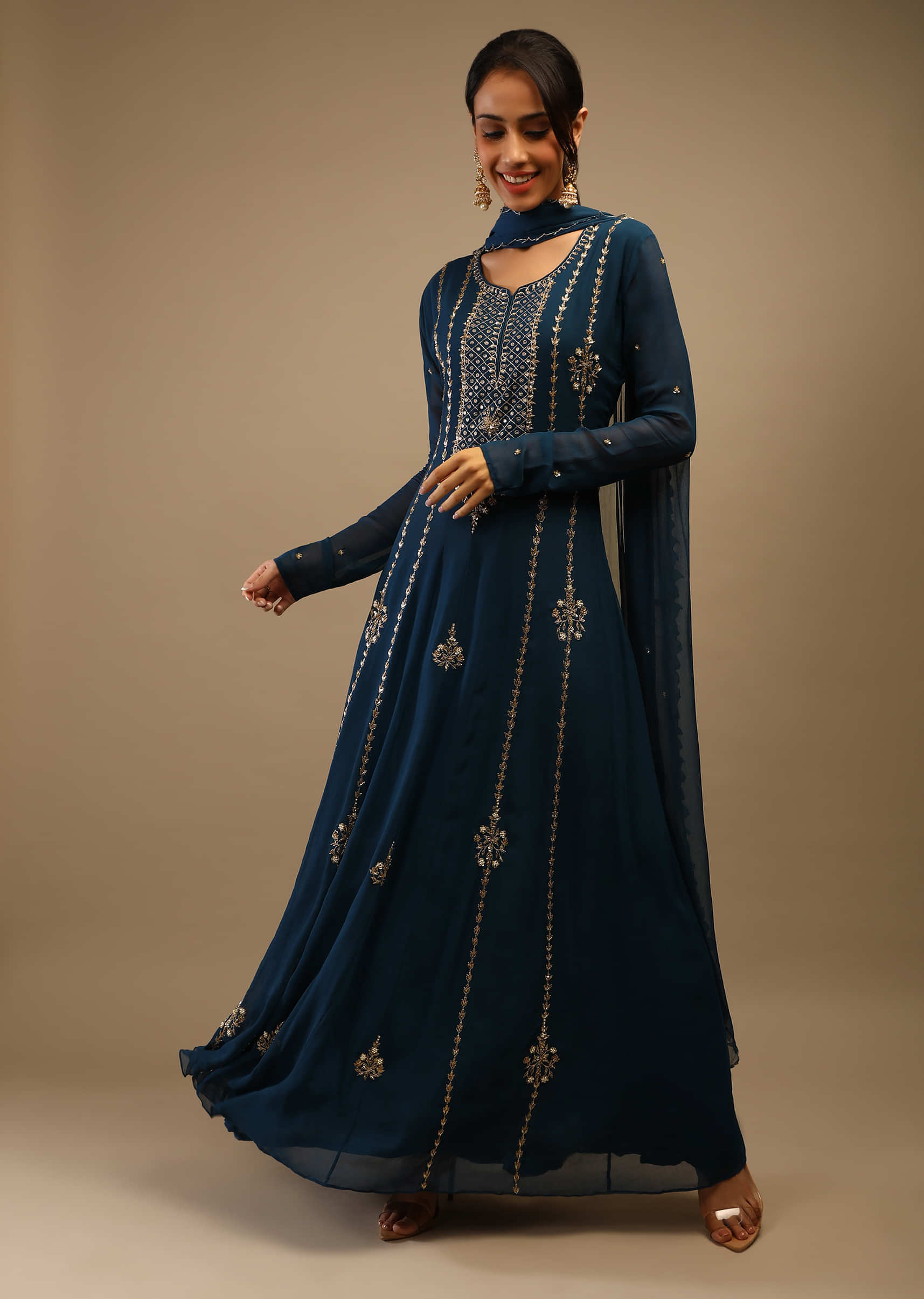 Sapphire Blue Anarkali Suit In Georgette With Zari And Cut Dana Embroidered Floral And Ethnic Motifs  