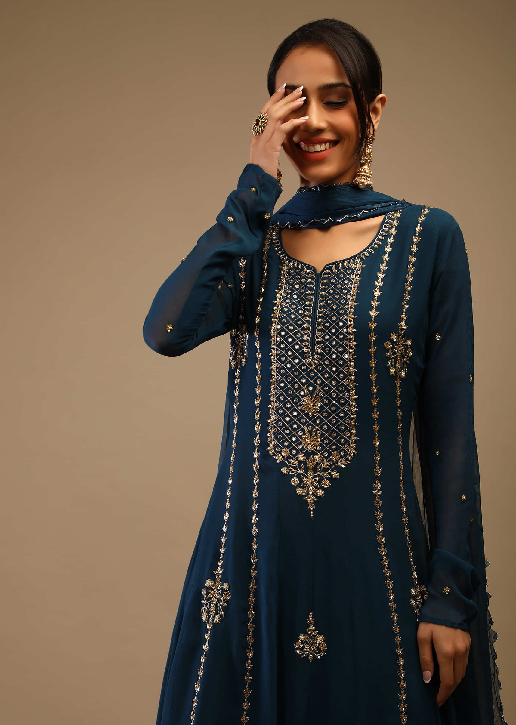 Sapphire Blue Anarkali Suit In Georgette With Zari And Cut Dana Embroidered Floral And Ethnic Motifs  