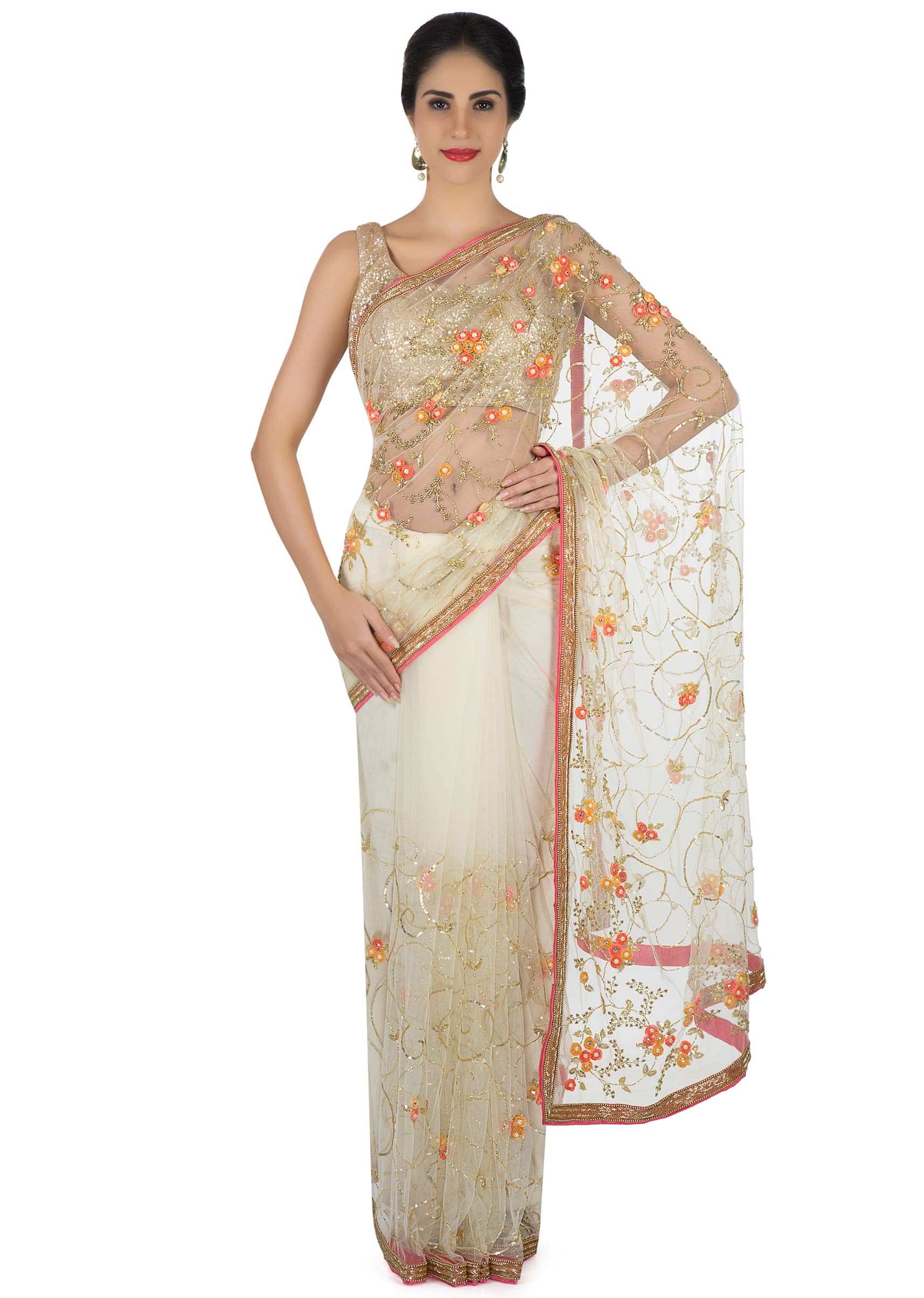 Saree in snow white with 3D flower embroidery jaal only on Kalki