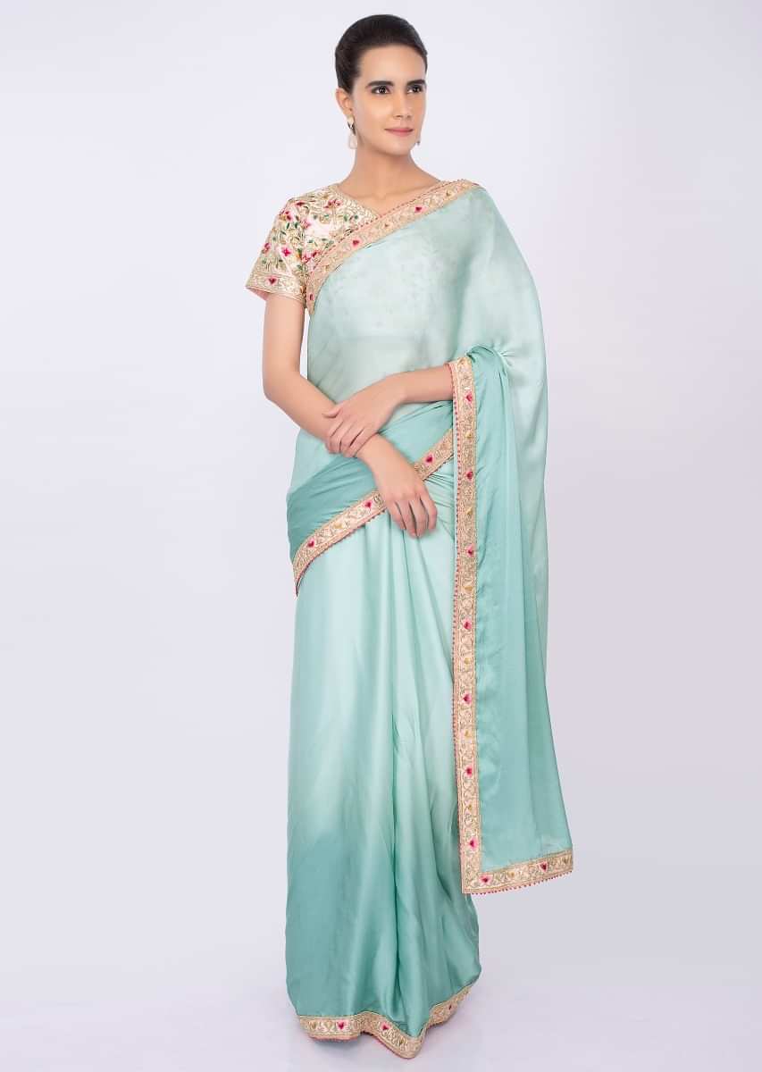 Blue Saree In Satin Crepe With Shaded Effect Online - Kalki Fashion