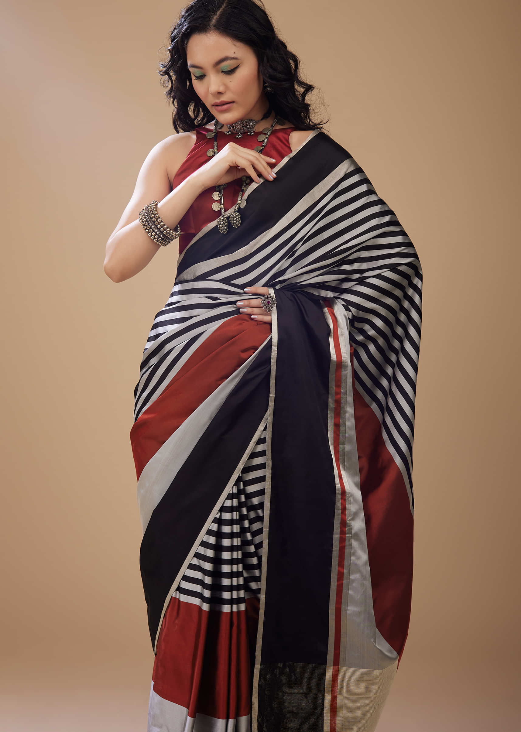 Satin Stripe Print Saree In Black Silver And Maroon Red