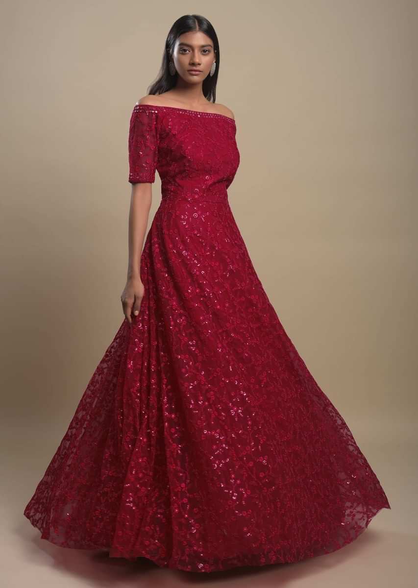 Off Shoulder Long Sleeve V Neck Dress | Evening gowns with sleeves, Red  long sleeve dress, Red prom dress