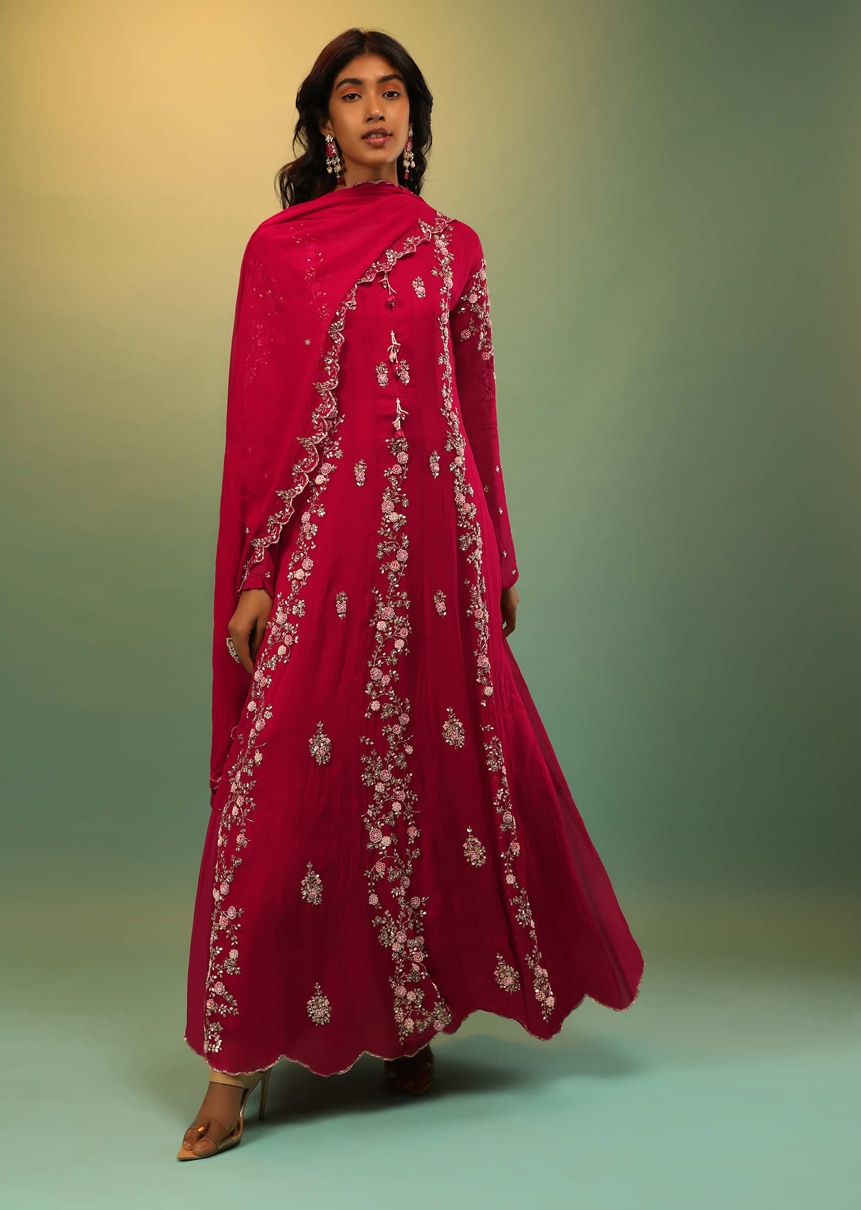 Scarlet Red Anarkali Suit In Georgette With Multi Colored Thread And Sequins Embroidered Floral Design On The Kalis  
