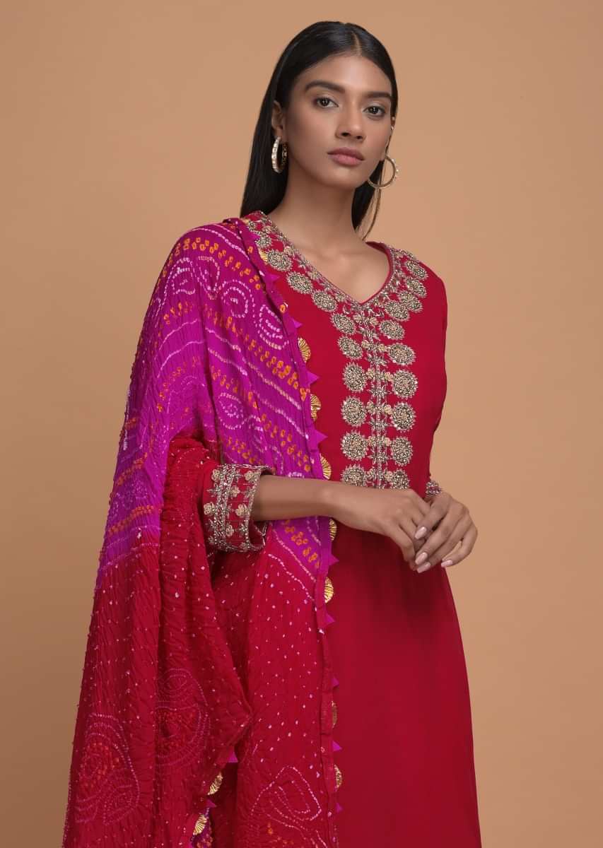 Buy Scarlet Red Anarkali Suit With Pink And Red Shaded Bandhani Dupatta ...