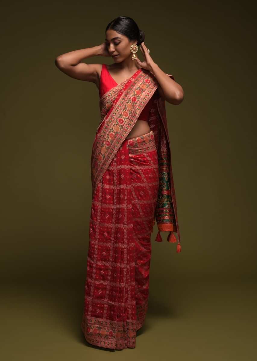 Buy Scarlet Red Banarasi Saree In Georgette With Colorful Woven Floral ...
